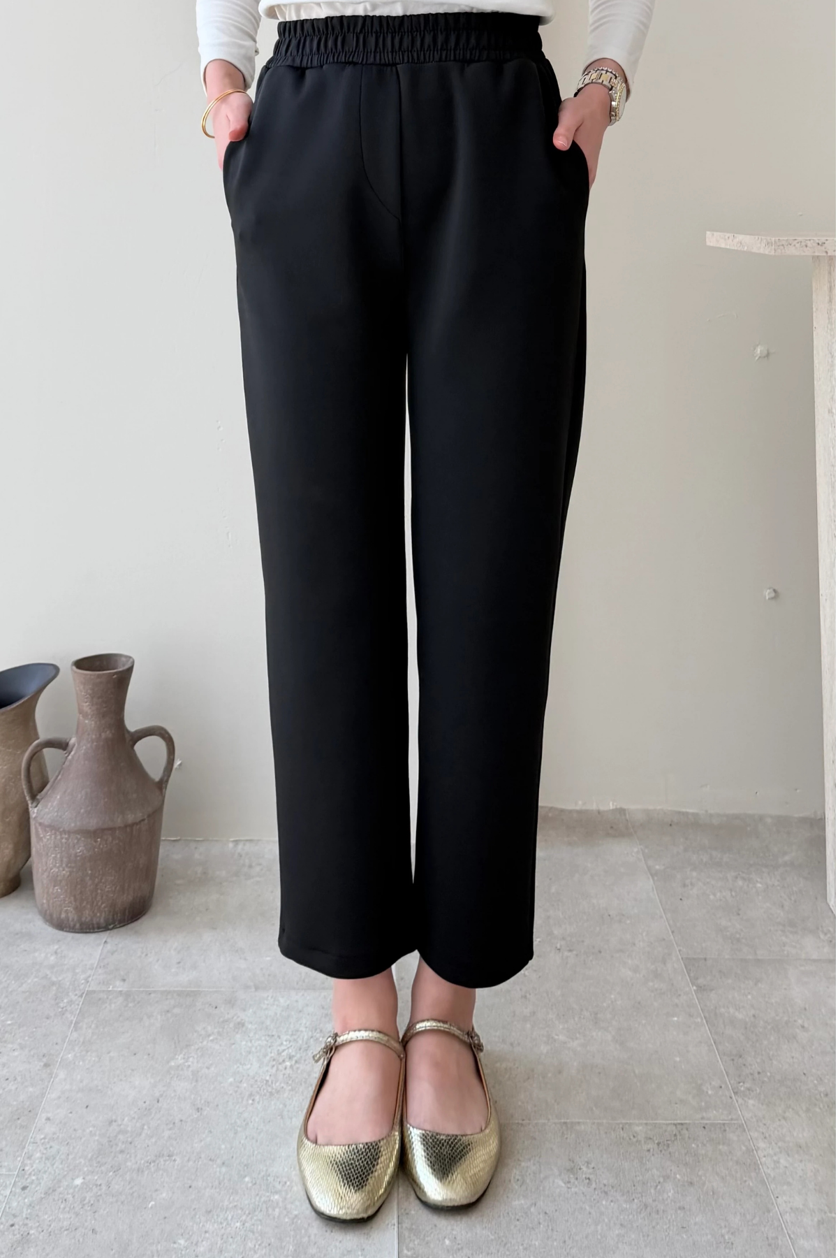 Scuba Düz Kesim Beli Lastikli Pantolon- Siyah