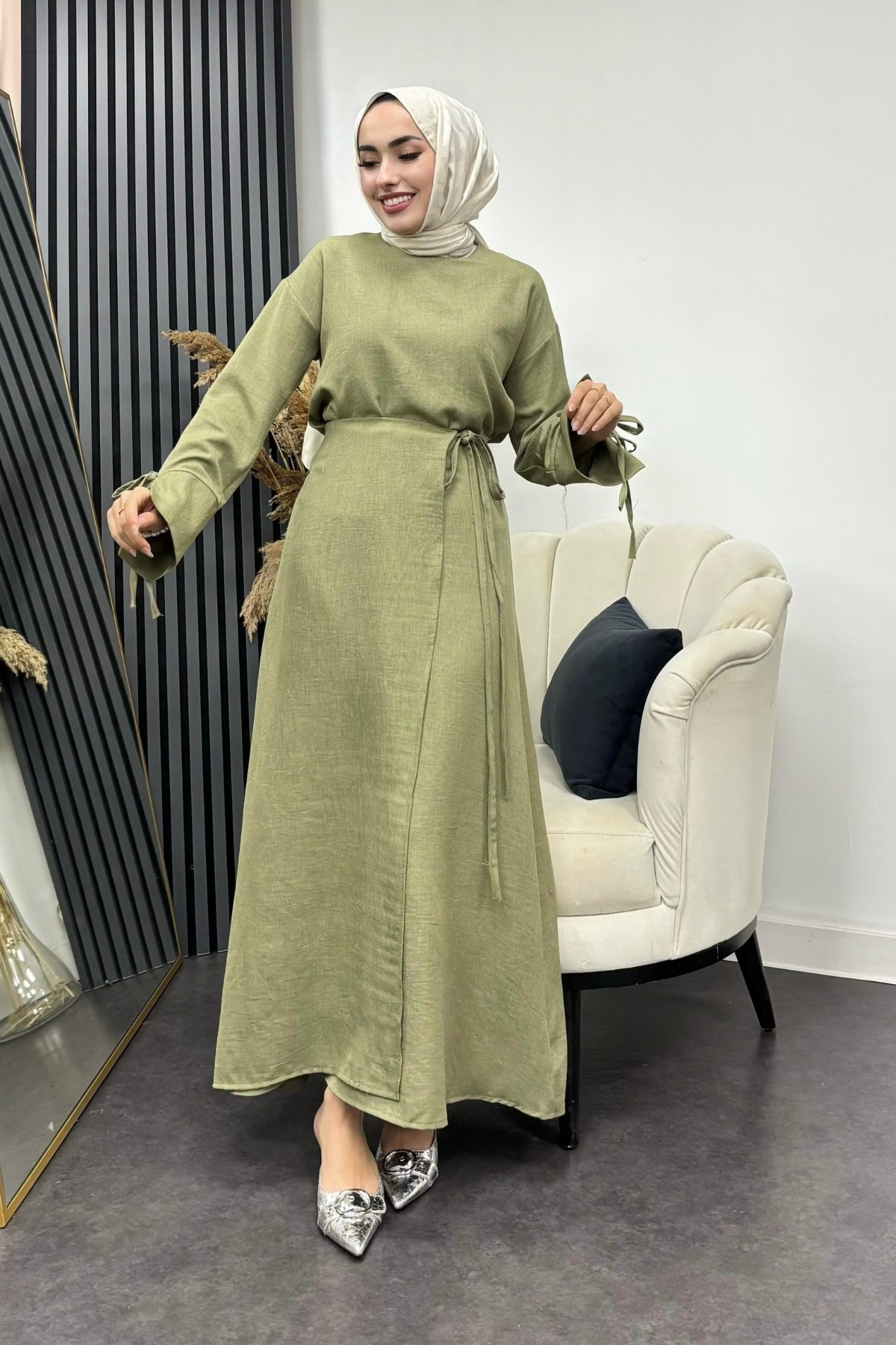 Sofya Keten Eteği Bağlamalı Takım-Haki