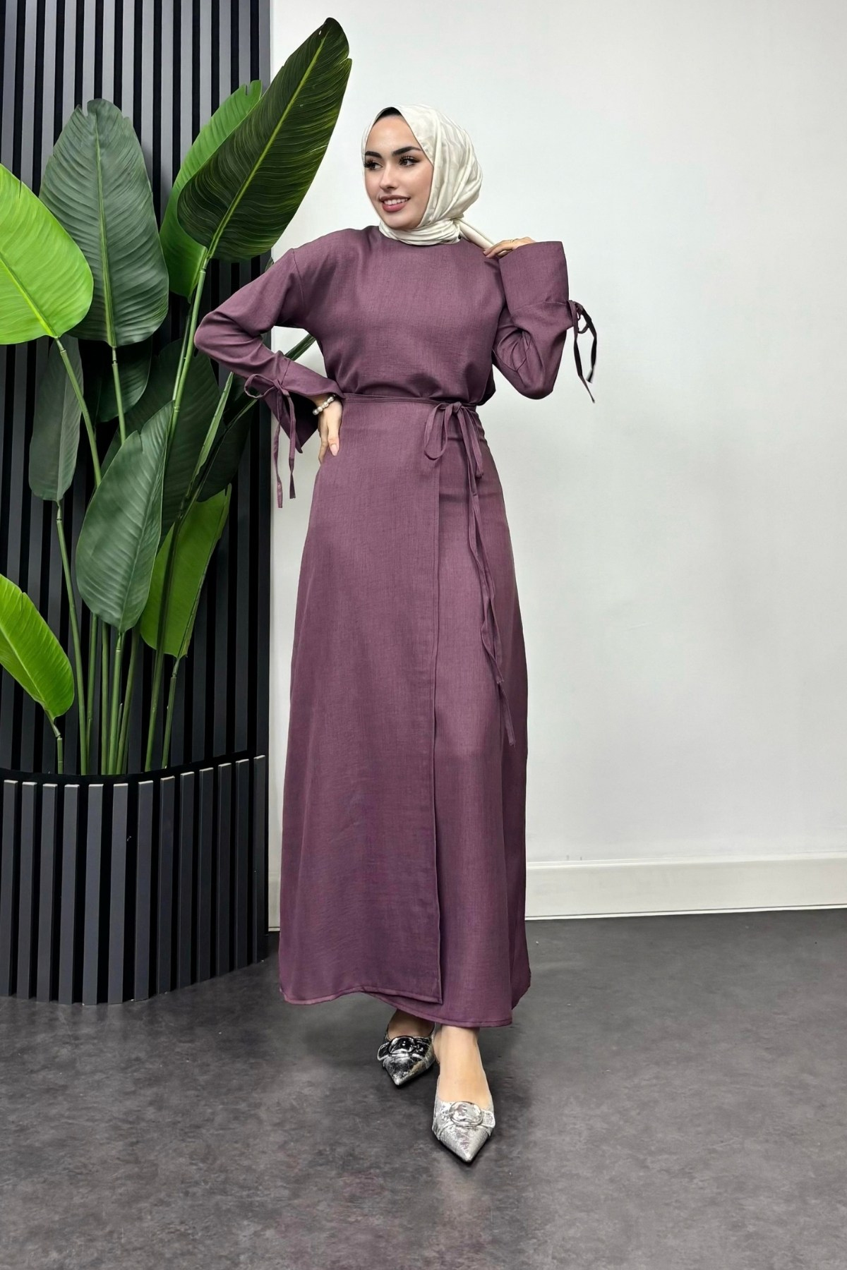 Sofya Keten Eteği Bağlamalı Takım-Lila