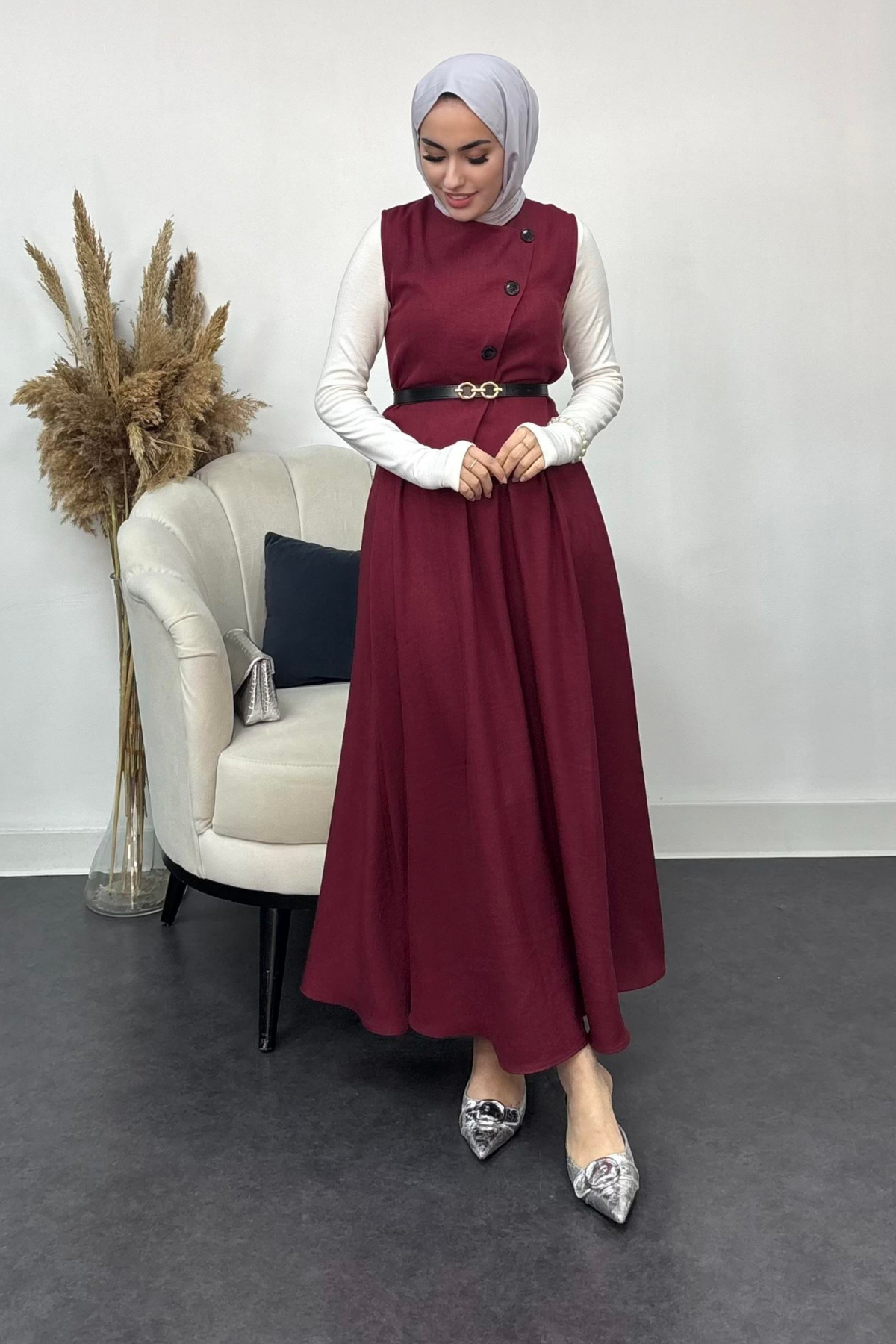 Sofya Keten Kumaş Yelek ve Etek 2 li Takım-Bordo