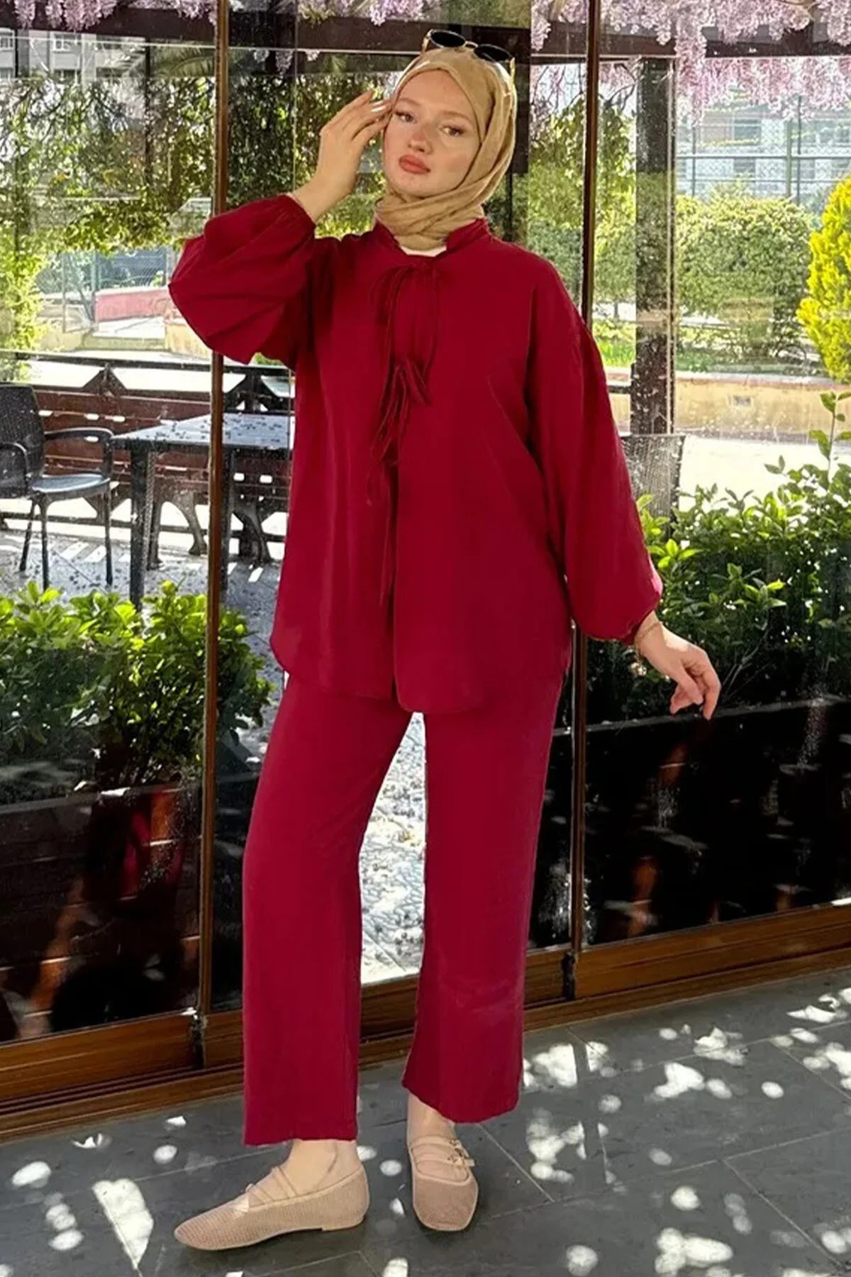 Tansel Kumaş Fiyonk Bağlamalı Tesettür Takım- Bordo