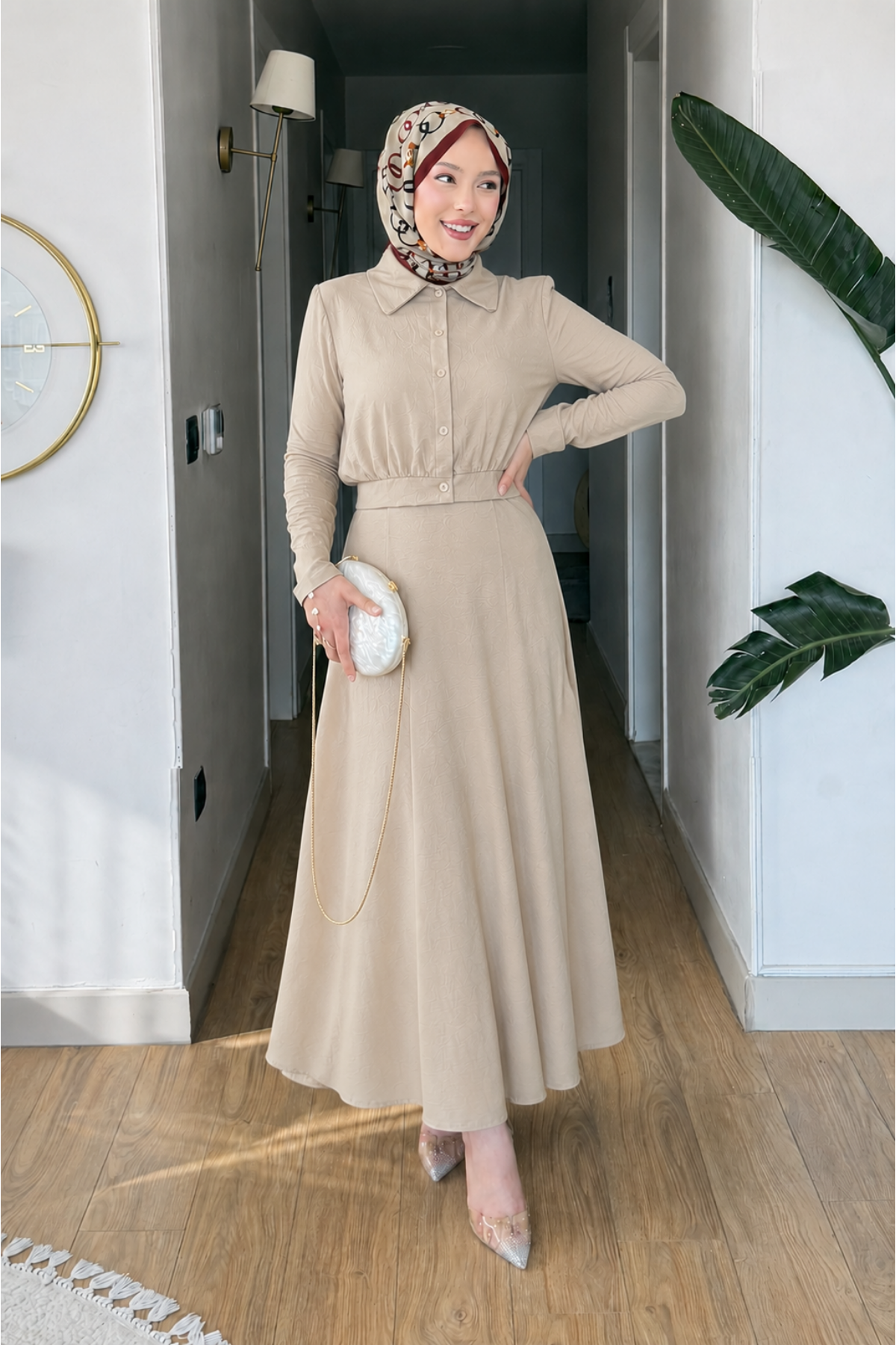 Tila Lizza Kumaş Gömlek-Etek Tesettür Takım- Camel