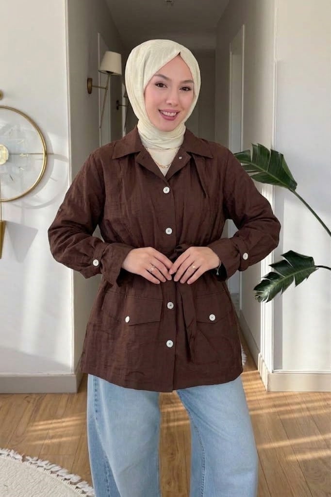 Toffe Tül Modal Kumaş Astarlı Tesettür Tunik- Kahverengi