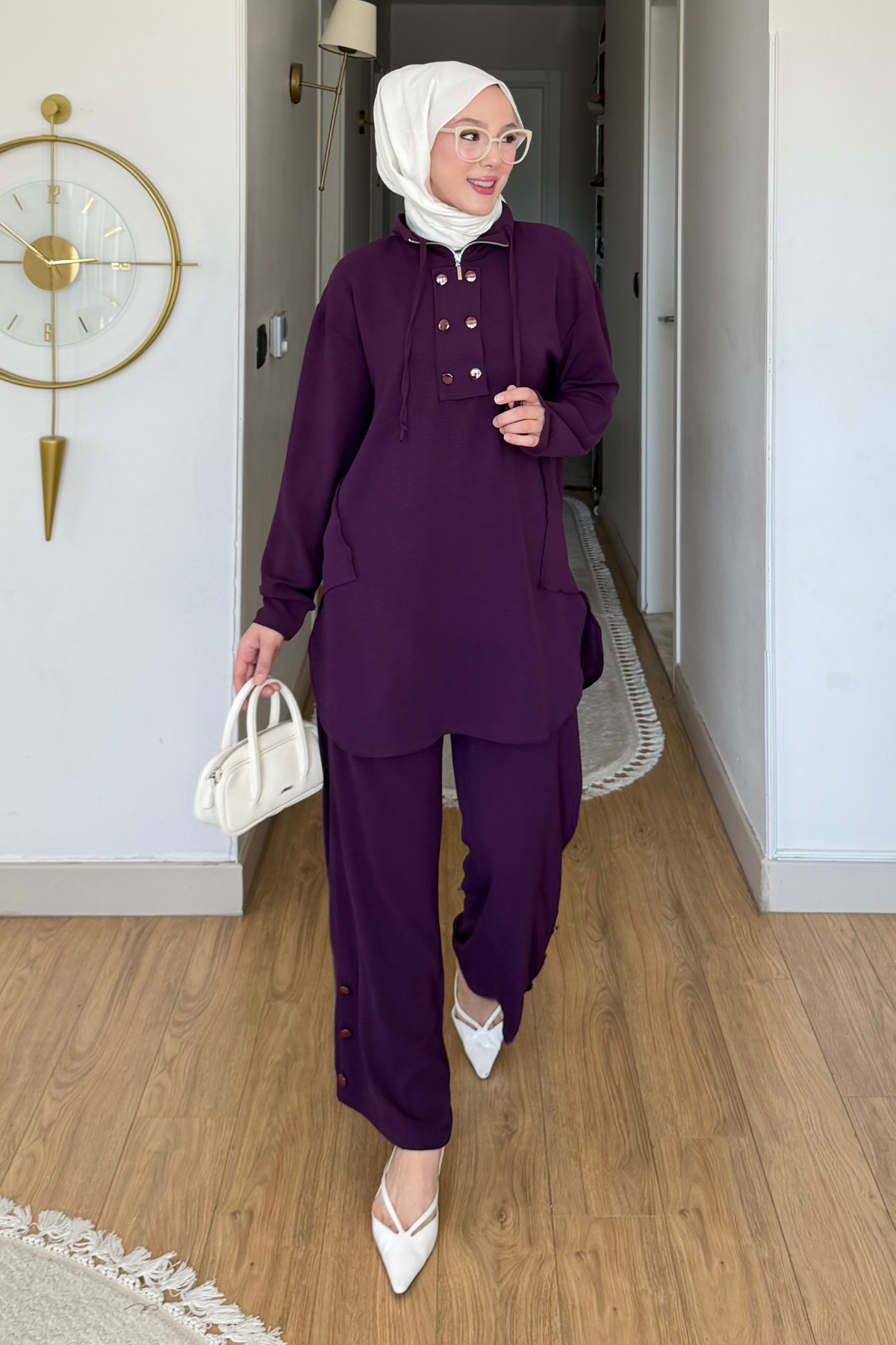 Tulas Aeorbin Kumaş Dik Yaka Tunik-Pantolon Tesettür Takım- Mor