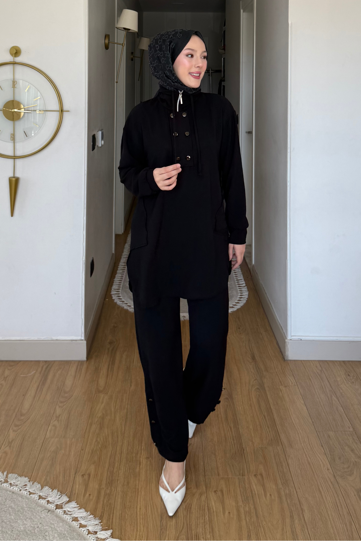 Tulas Aeorbin Kumaş Dik Yaka Tunik-Pantolon Tesettür Takım- Siyah