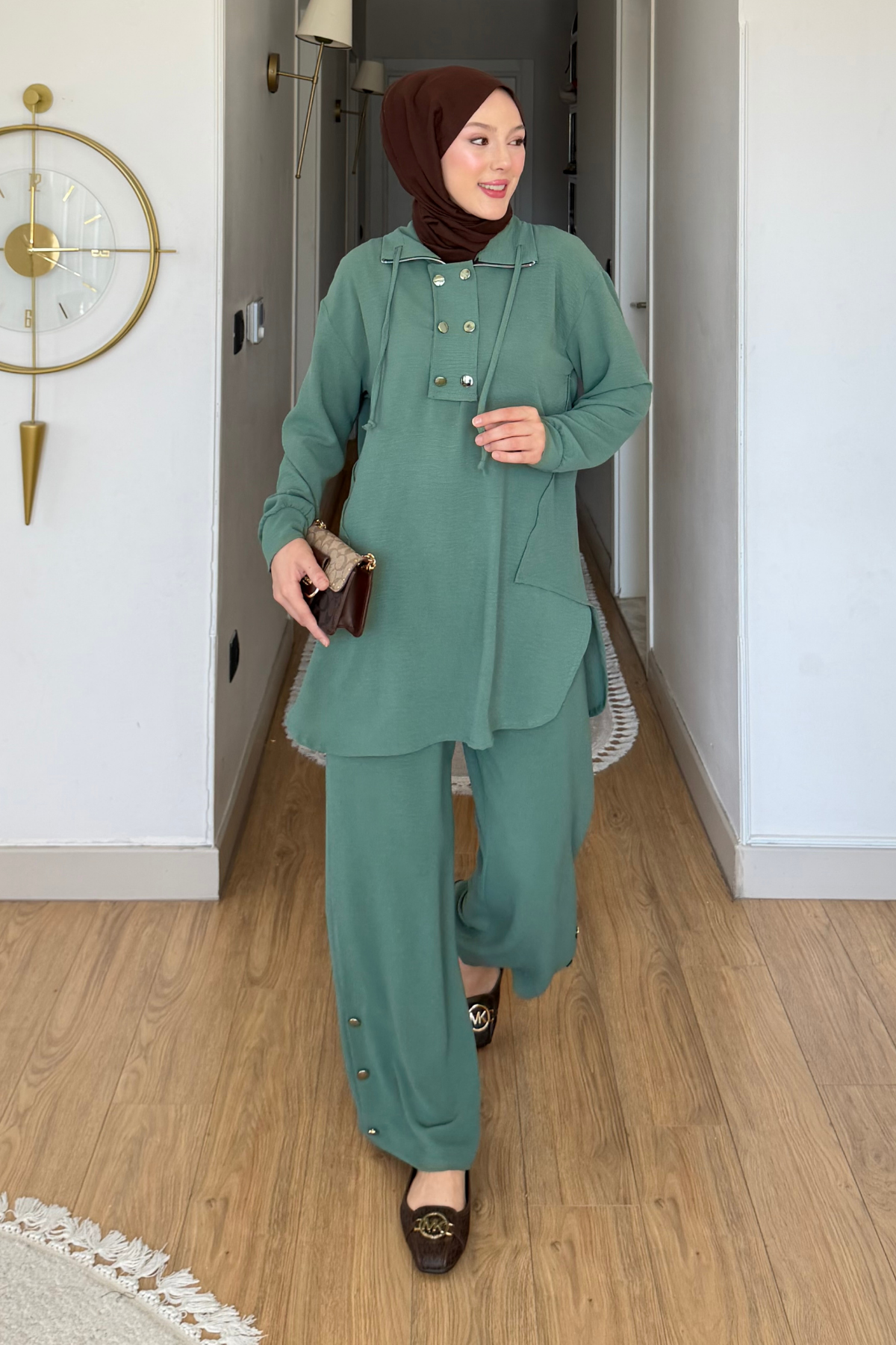 Tulas Aeorbin Kumaş Dik Yaka Tunik-Pantolon Tesettür Takım- Turkuaz