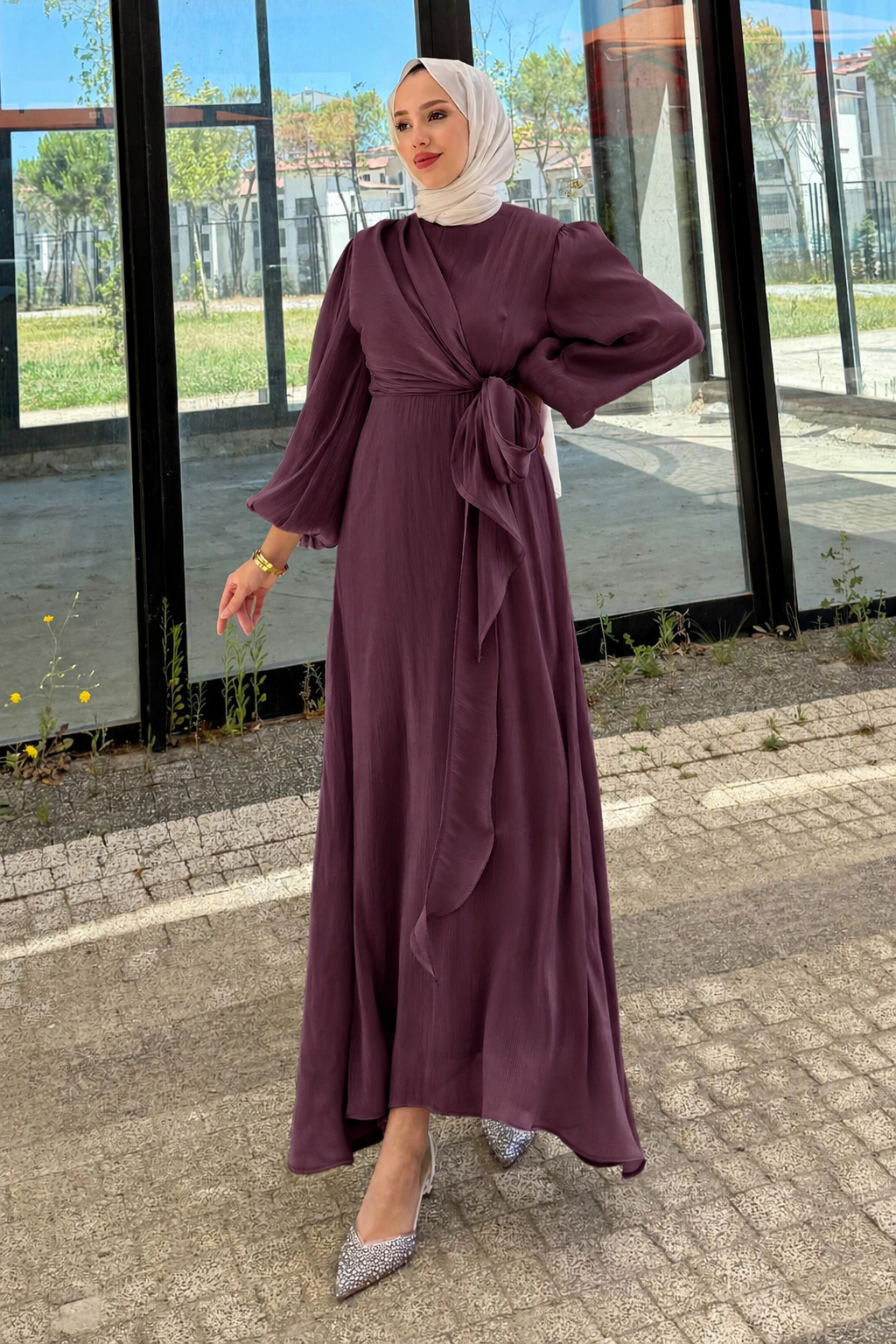 Yandan Bağlamalı Jan Jan Abiye -Mürdüm