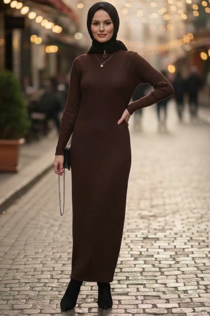 Yarım Fermuarlı Triko Oversize Elbise- Kahverengi Standart (36-42 Uyumlu)