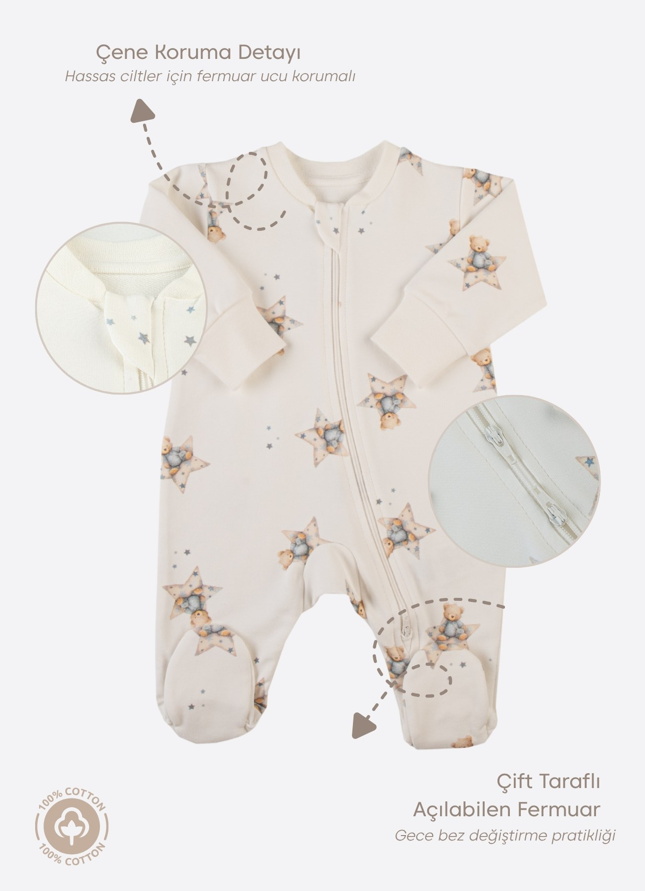 Organik Blue Bear Fermuarlı Tulum Ekru