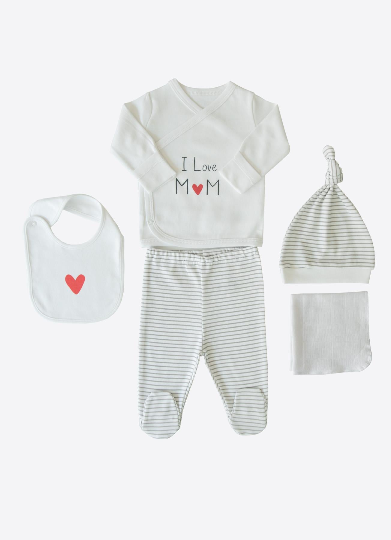 ORGANİK I LOVE MOM 5'Lİ HASTANE ÇIKIŞ SETİ GRİ