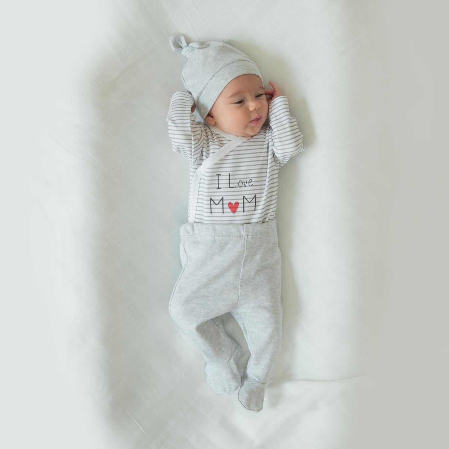 ORGANİK I LOVE MOM KRUVAZE 3'LÜ TAKIM GRİ MELANJ