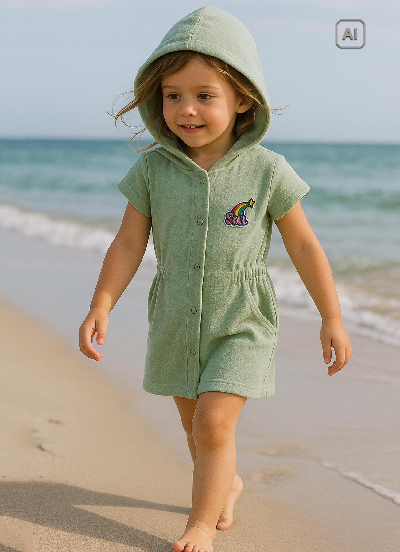 Organik Premium Kız Havlu Plaj Elbisesi Yeşil