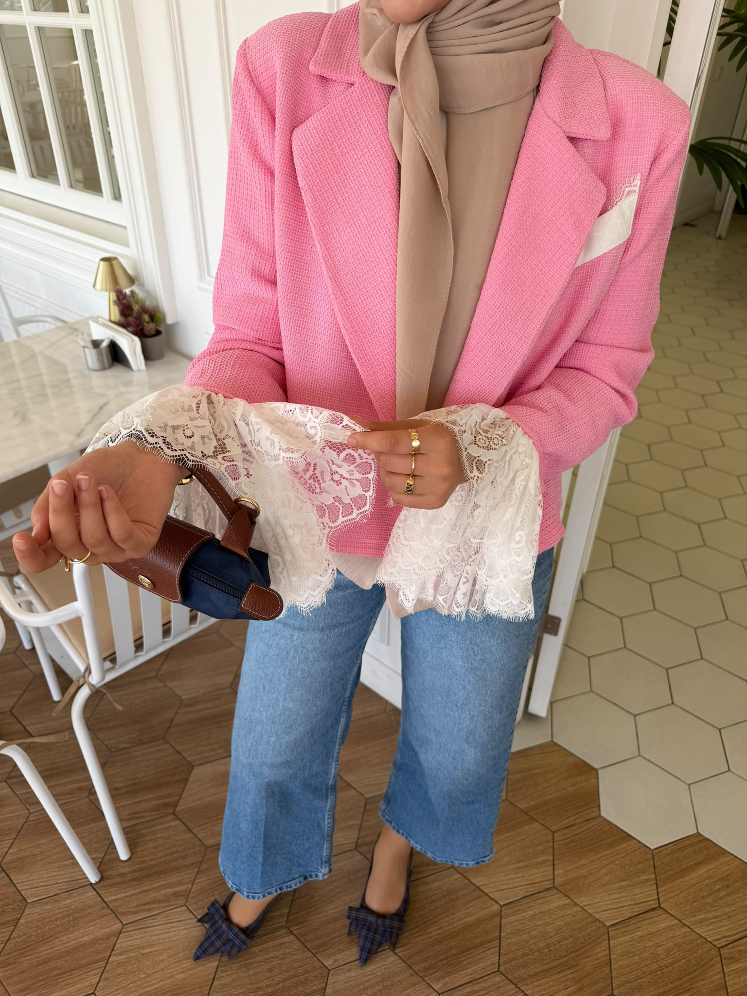 Dantel detaylı ceket pembe