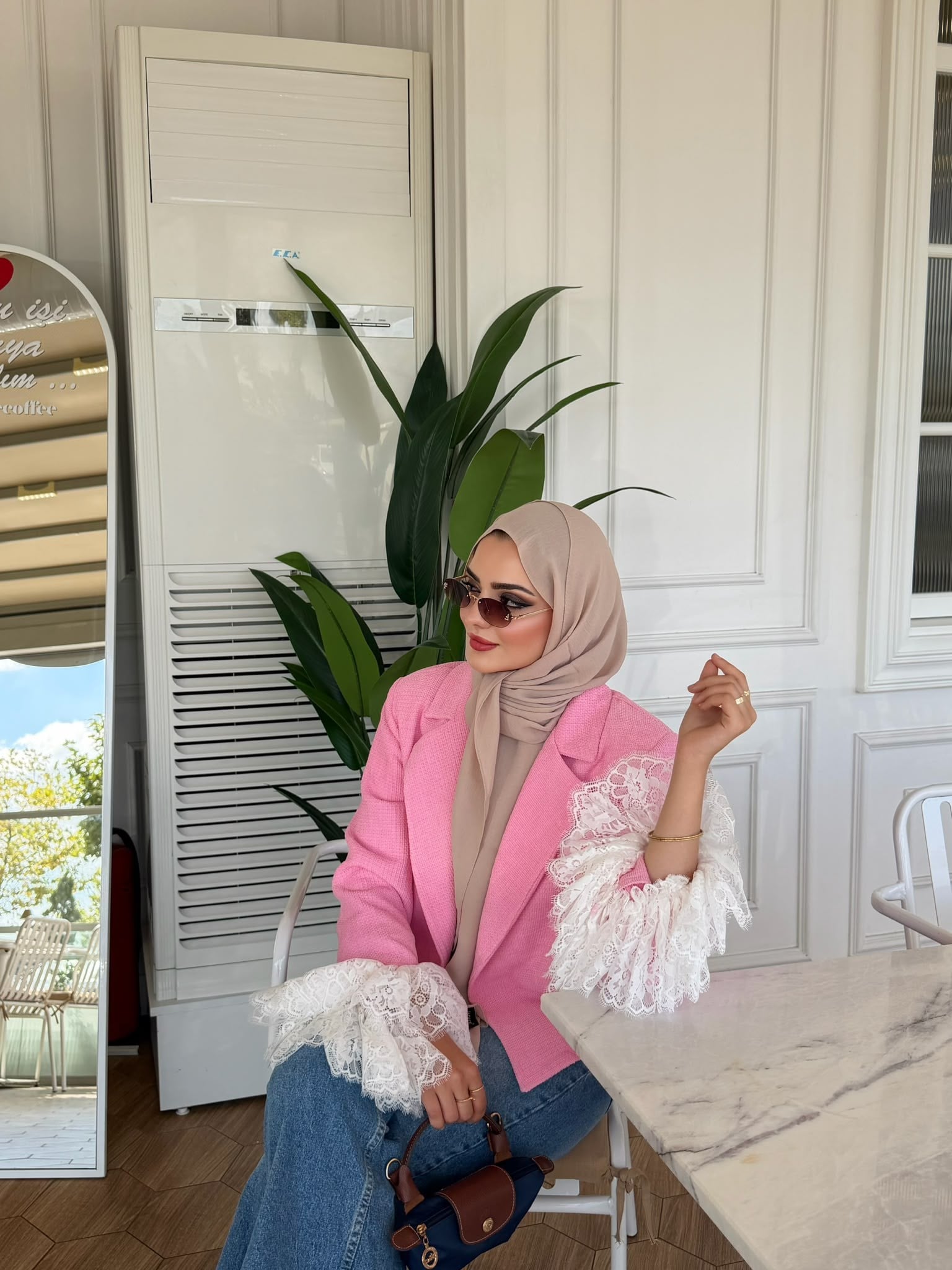 Dantel detaylı ceket pembe