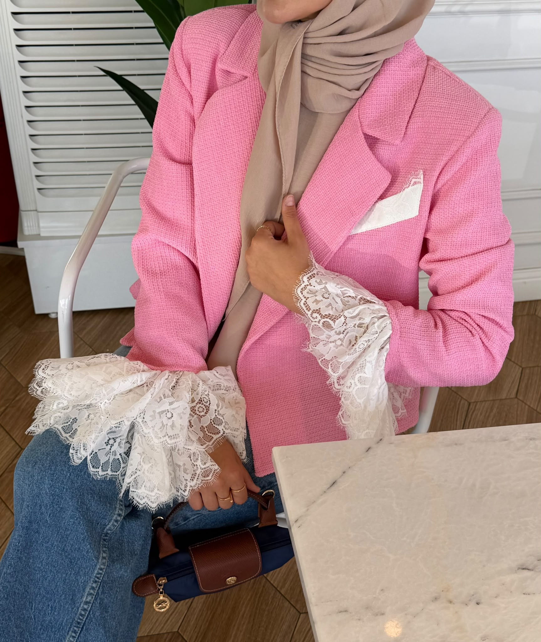 Dantel detaylı ceket pembe