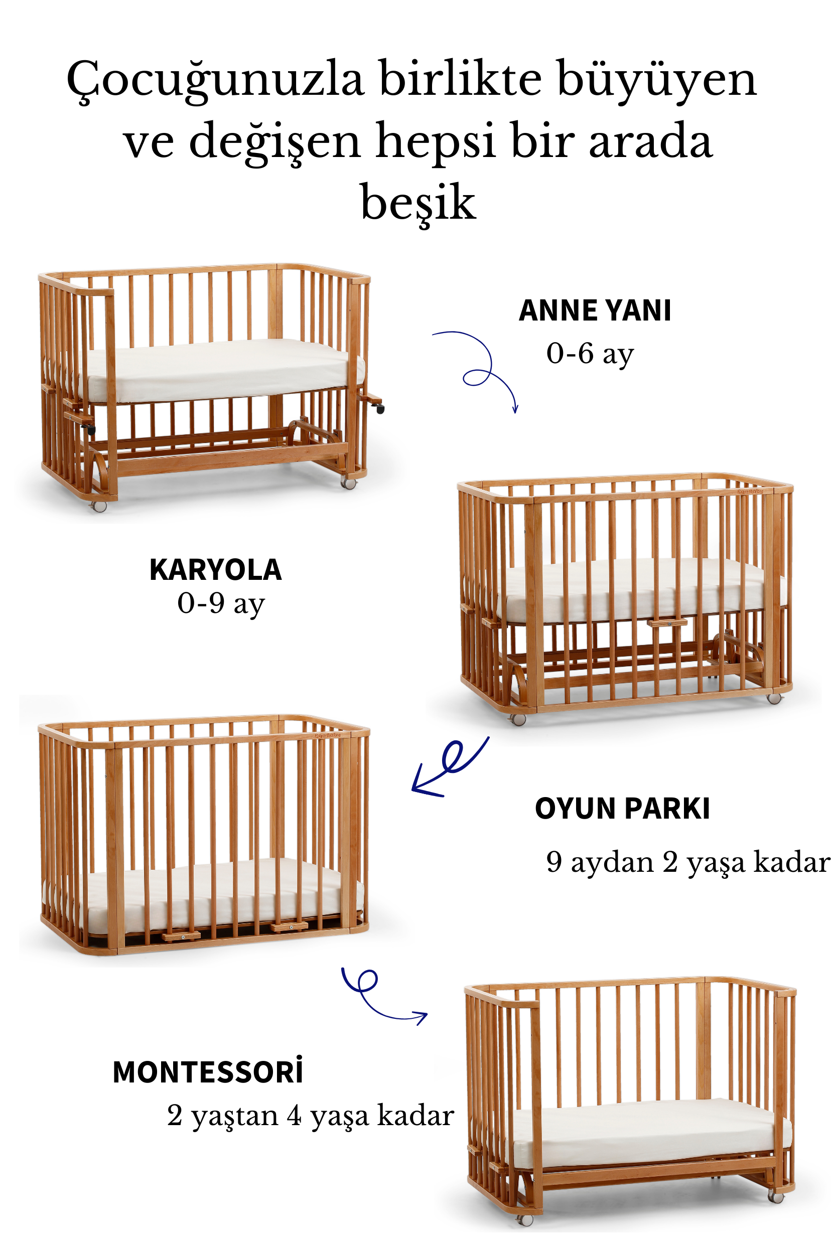Vernikli Ahşap 6 in 1 Beşik Takım - 70x110