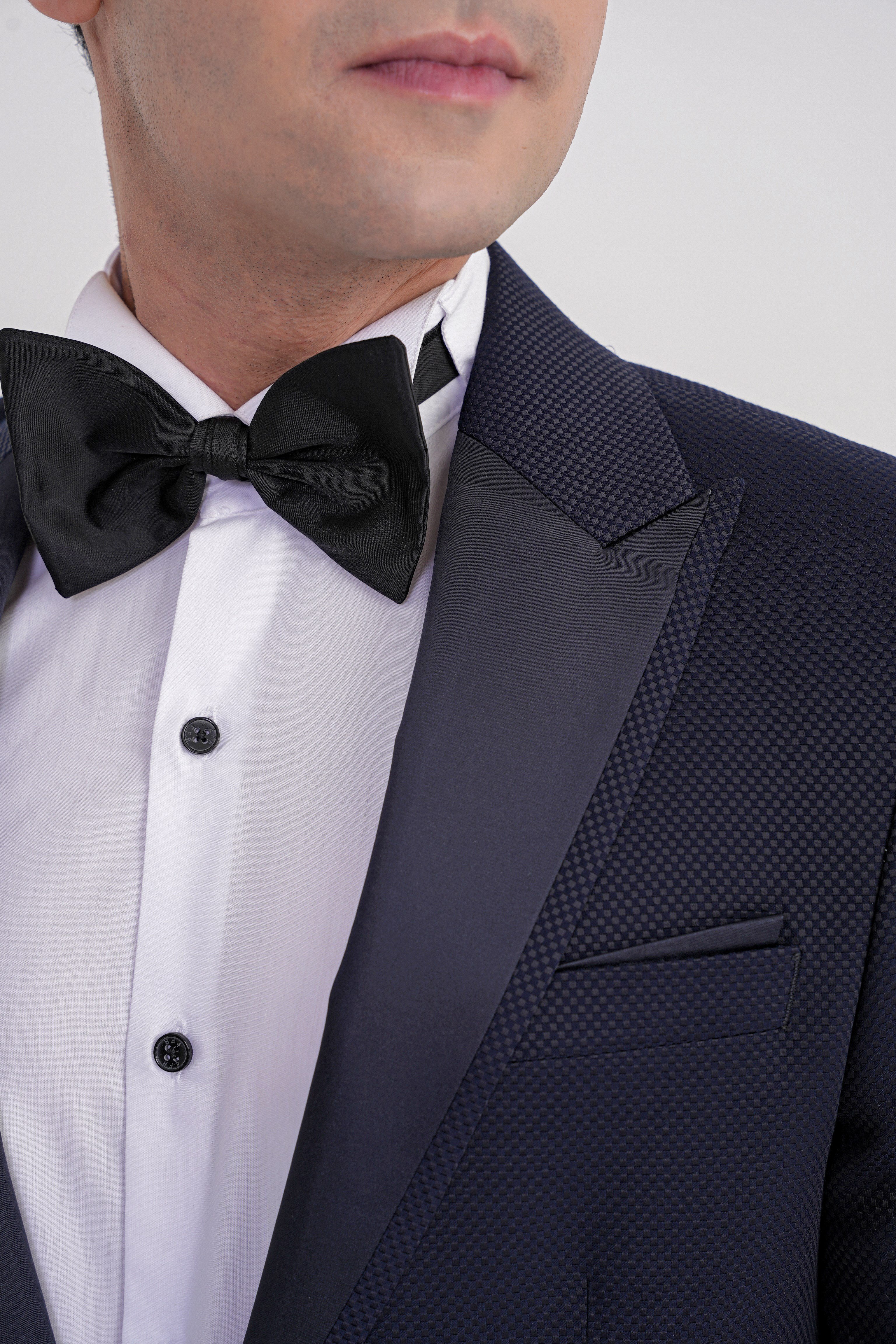  Slim Fit Saten Yaka Çift Yırtmaçlı Tek Düğmeli Lacivert Damatlık Smokin Ceket Black 035