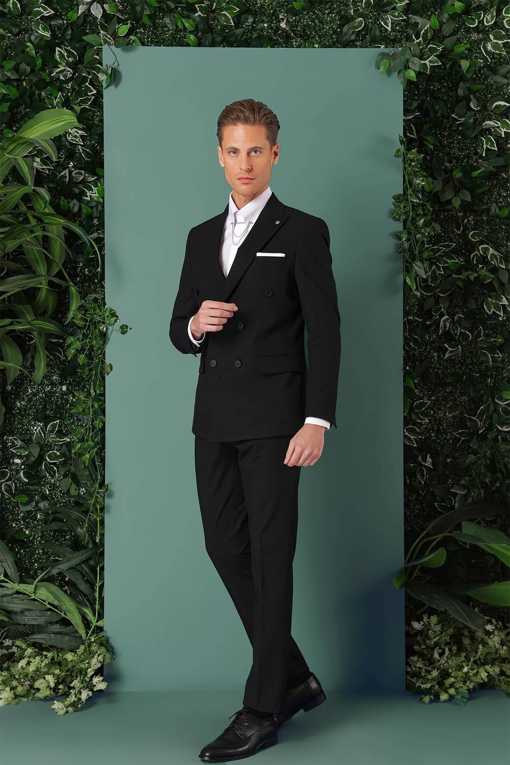  Slim Fit Yünlü Kruvaze Klasik Siyah Takım Elbise Tk 885