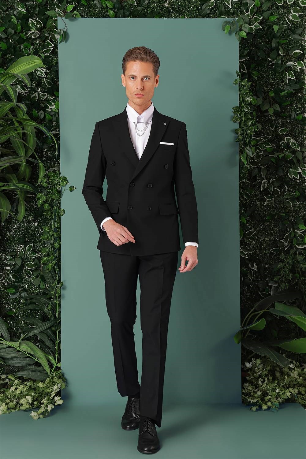  Slim Fit Yünlü Kruvaze Klasik Siyah Takım Elbise Tk 885