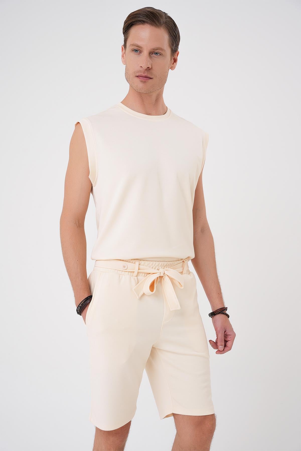 Bermuda 035 Comfort Fit Bağcıklı Bel Viskon Karışımlı Casual Bej Şort