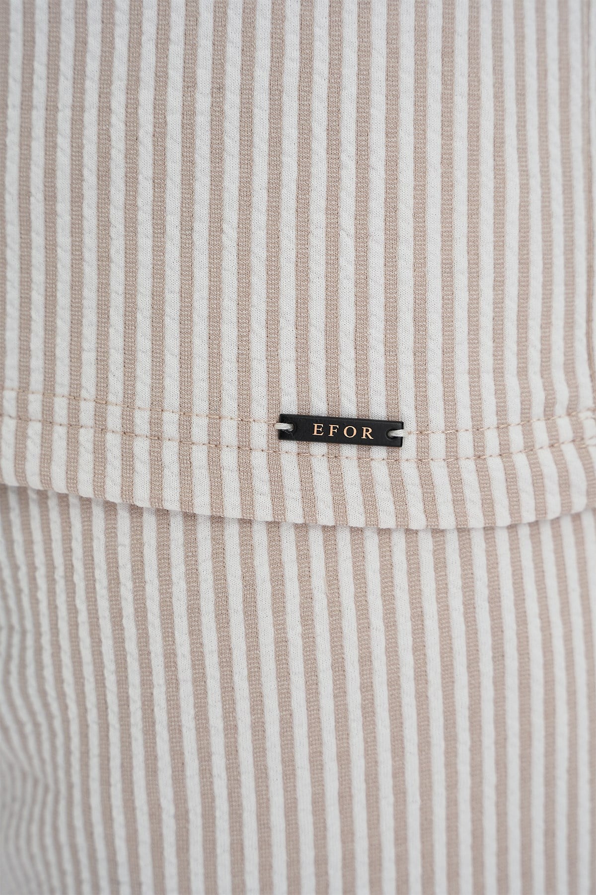 Comfort Fit %100 Pamuk Dikine Çizgili Fermuarlı Polo Yaka Bej Tişört TS 906