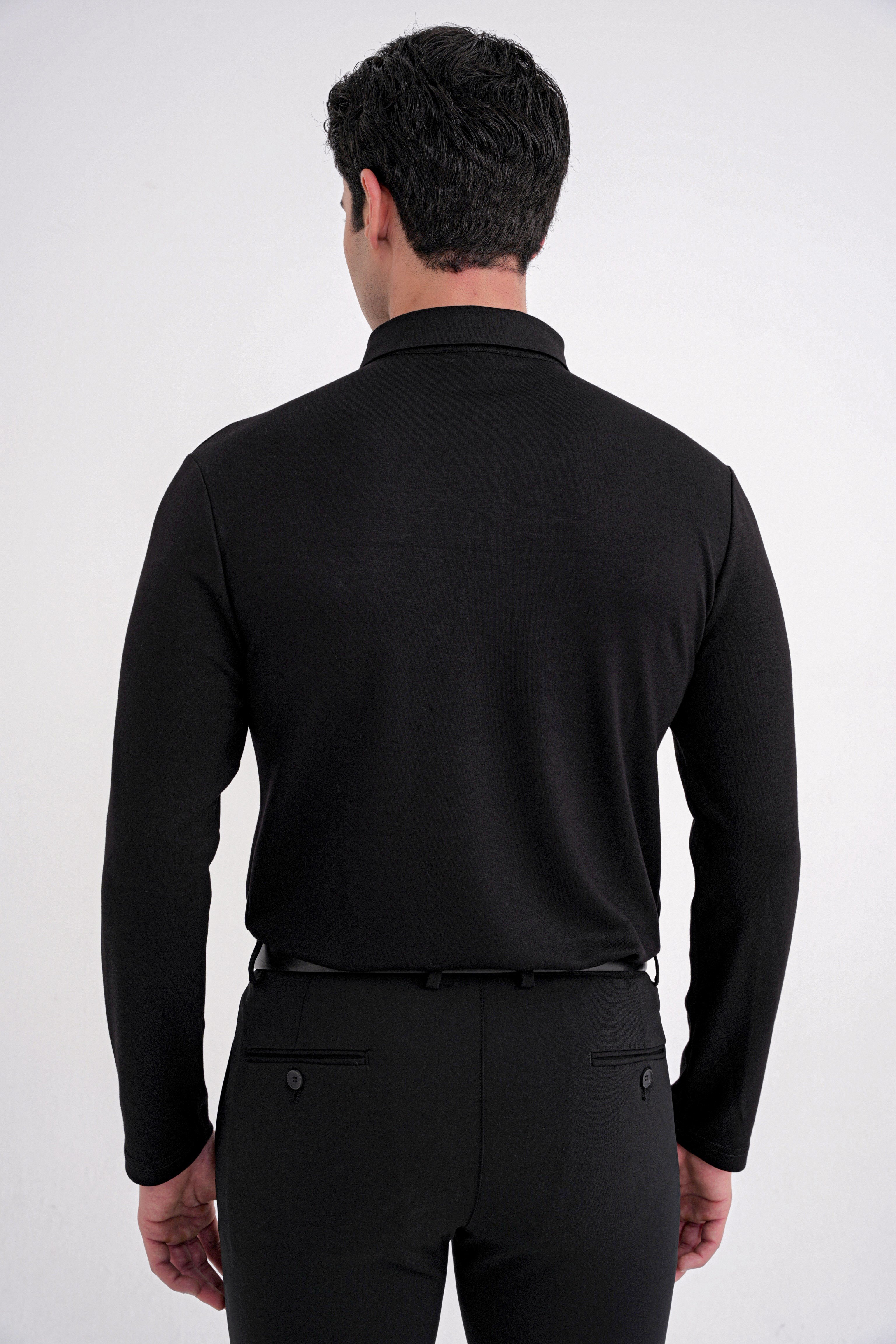 Comfort Fit %97 Esnek Pamuklu Polo Yaka Uzun Kollu Siyah Tişört TS 921