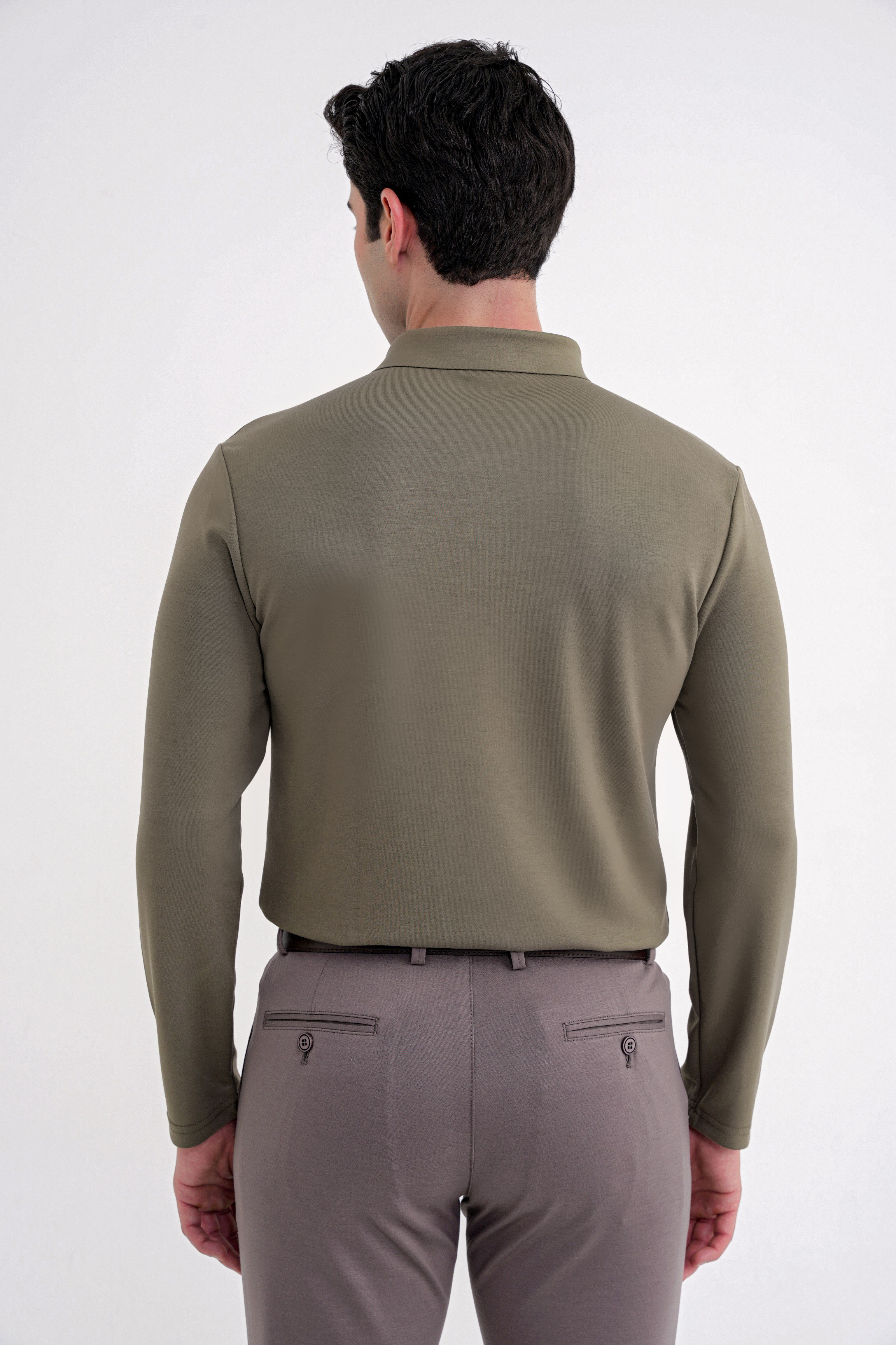 Comfort Fit %97 Esnek Pamuklu Polo Yaka Uzun Kollu Haki Tişört TS 921