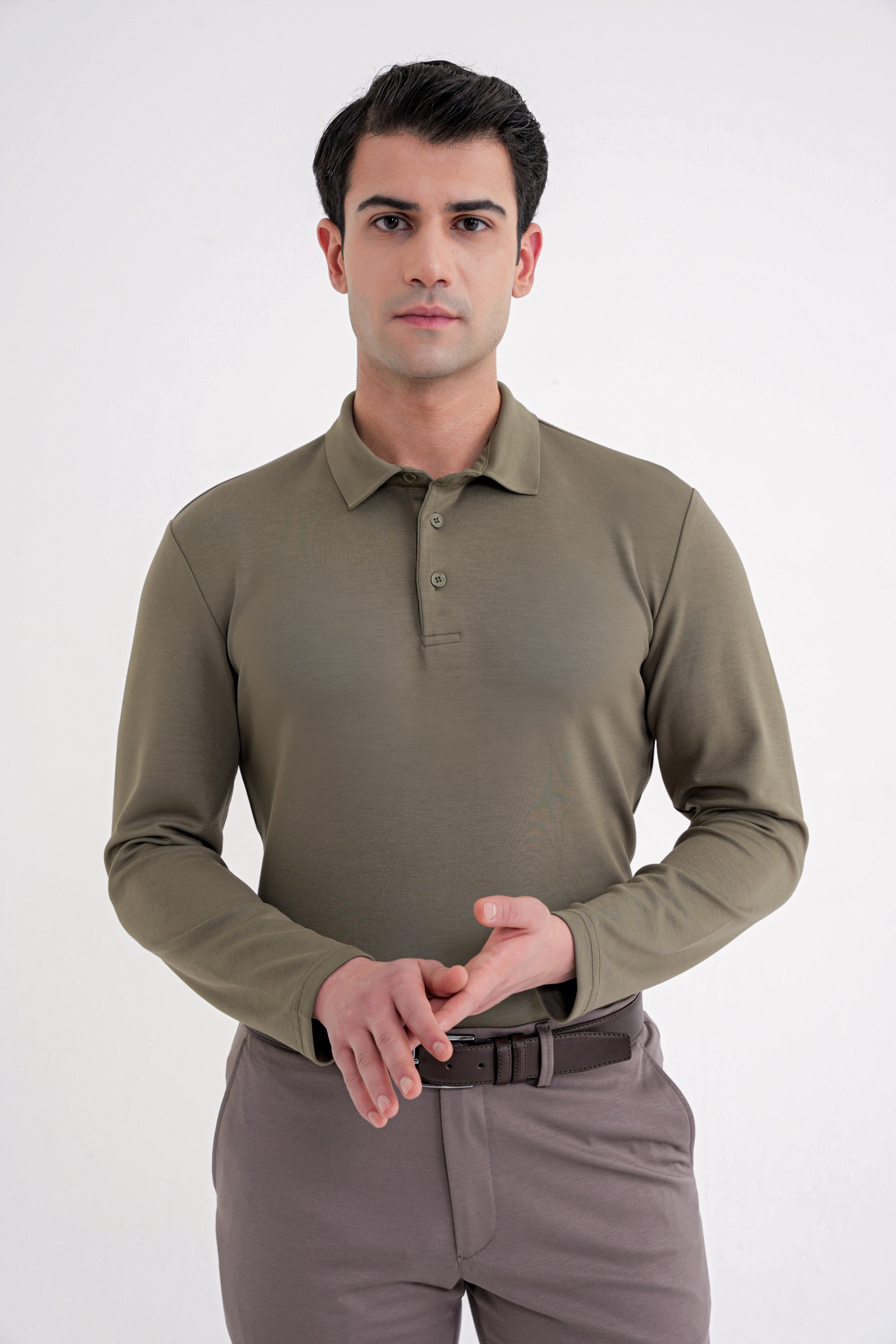 Comfort Fit %97 Esnek Pamuklu Polo Yaka Uzun Kollu Haki Tişört TS 921