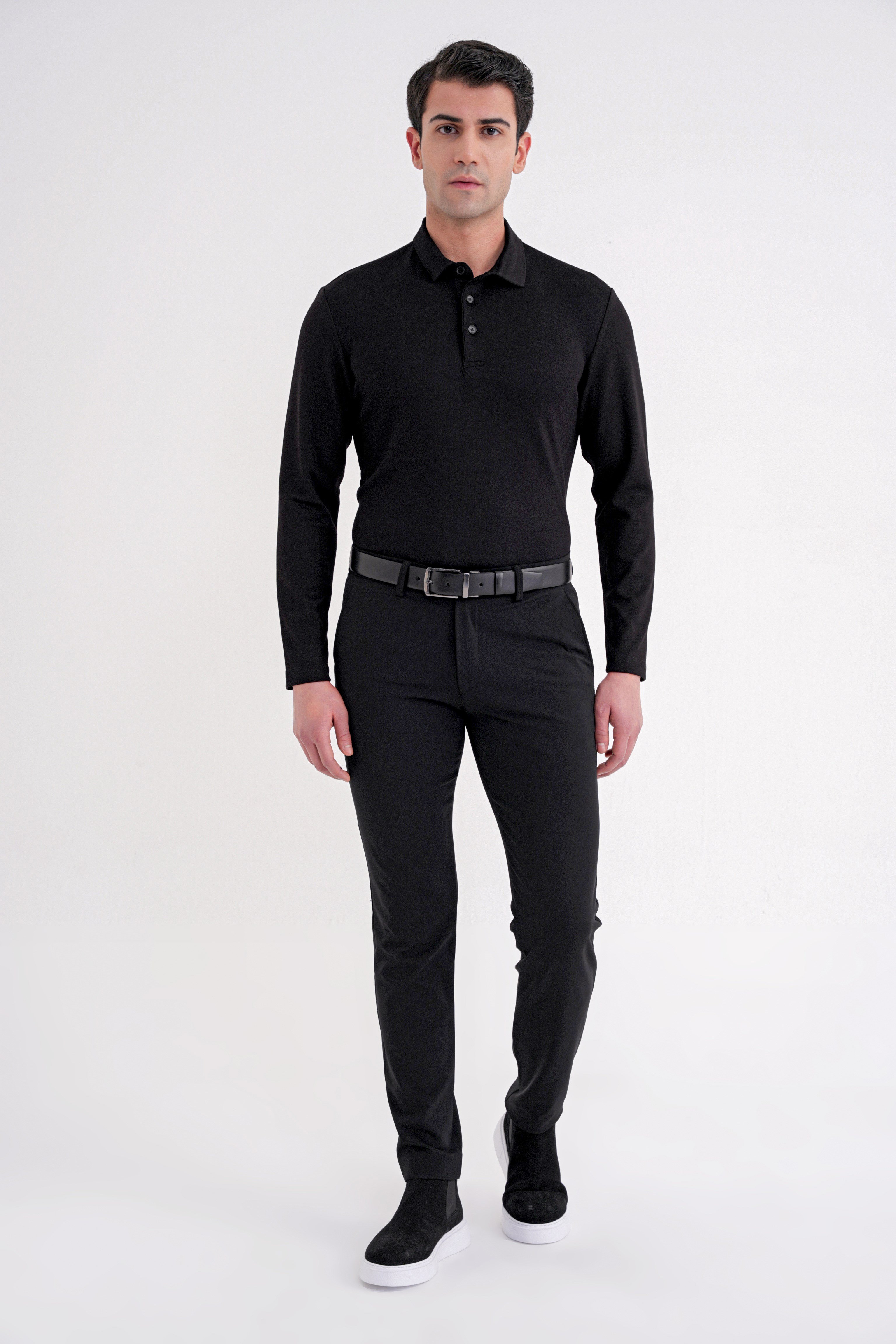 Comfort Fit %97 Esnek Pamuklu Polo Yaka Uzun Kollu Siyah Tişört TS 921