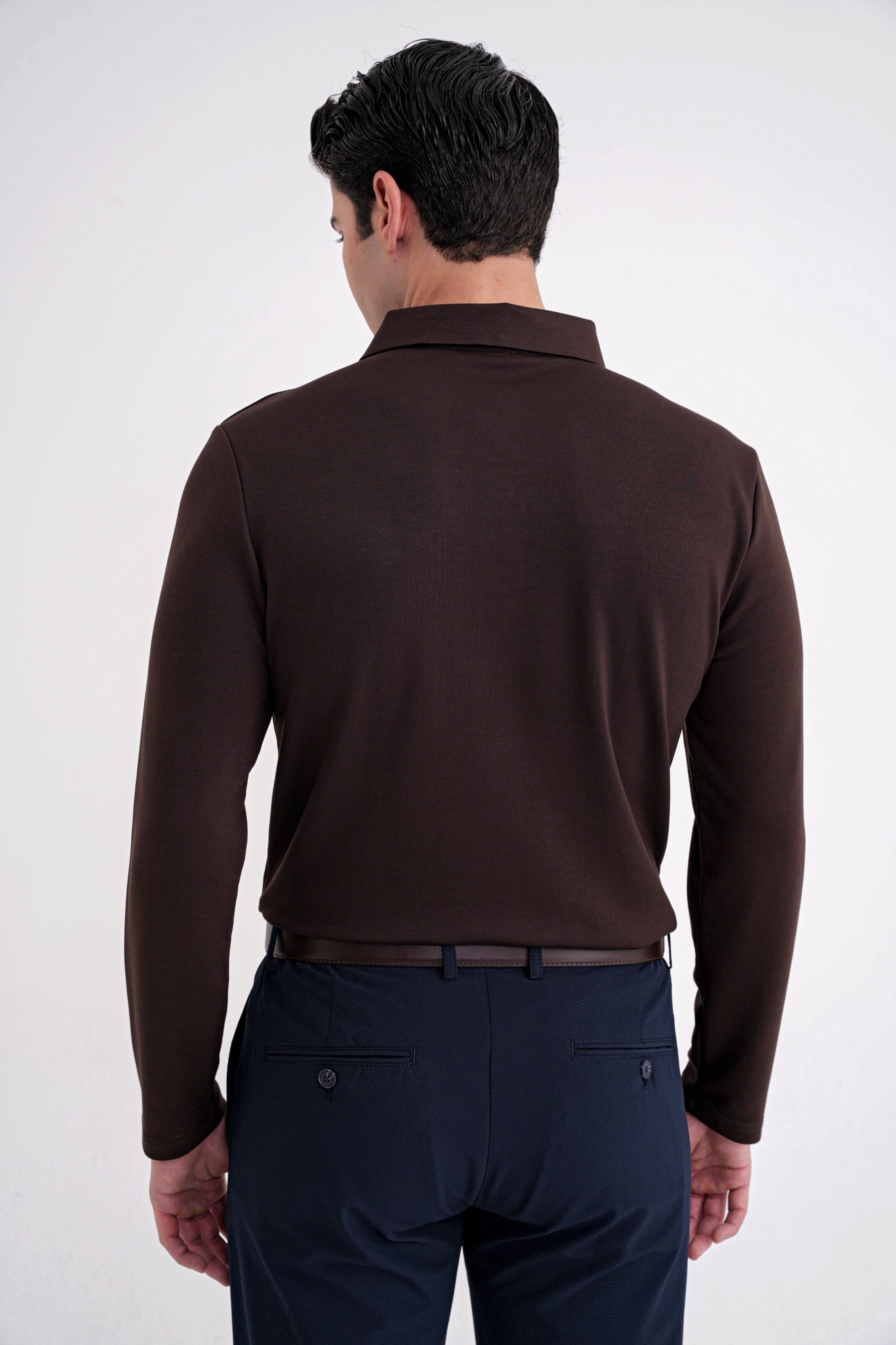Comfort Fit %97 Esnek Pamuklu Polo Yaka Uzun Kollu Kahverengi Tişört TS 921