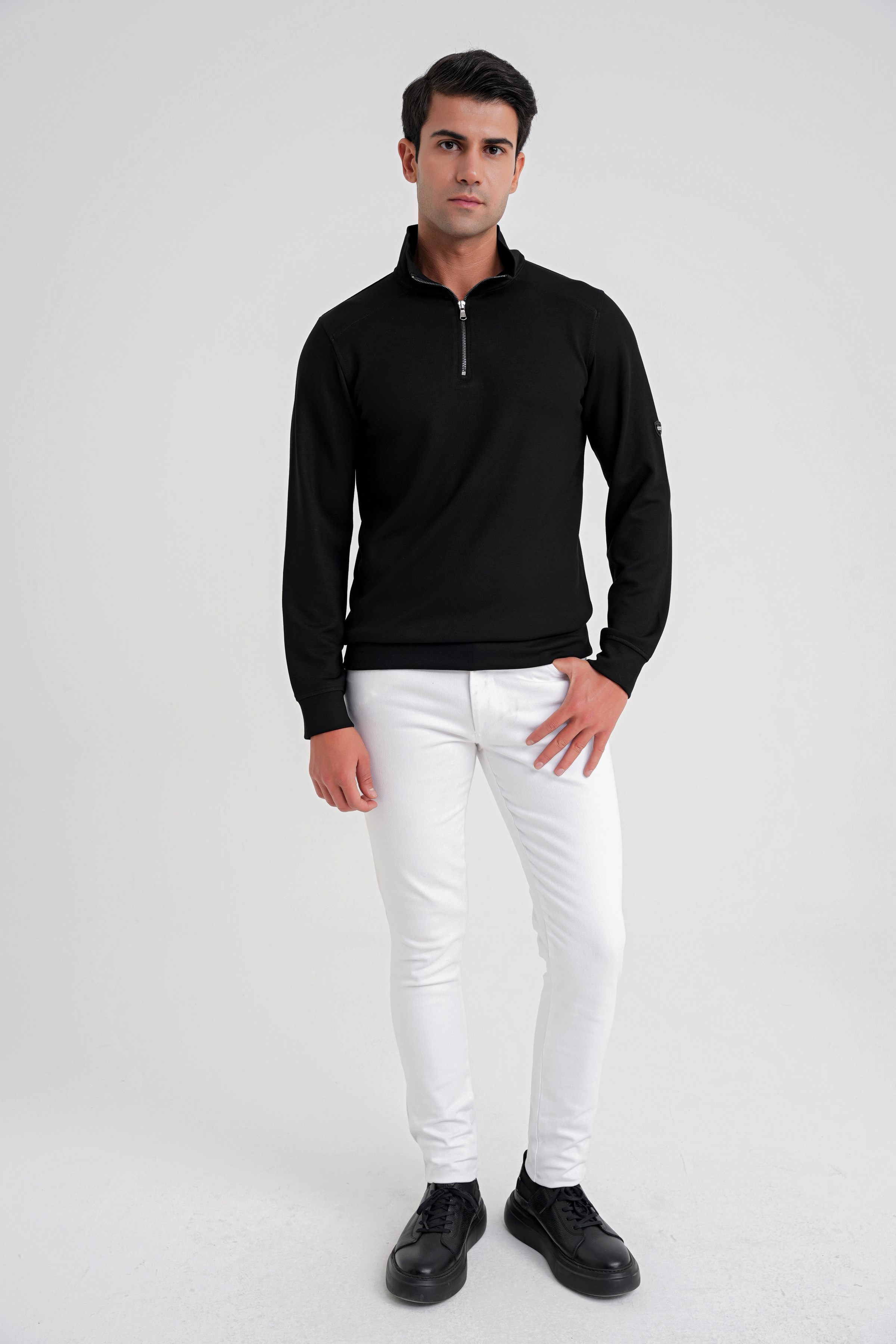 Comfort Fit %97 Pamuk Tam Fermuarlı Polo Yaka Siyah Tişört TS 918