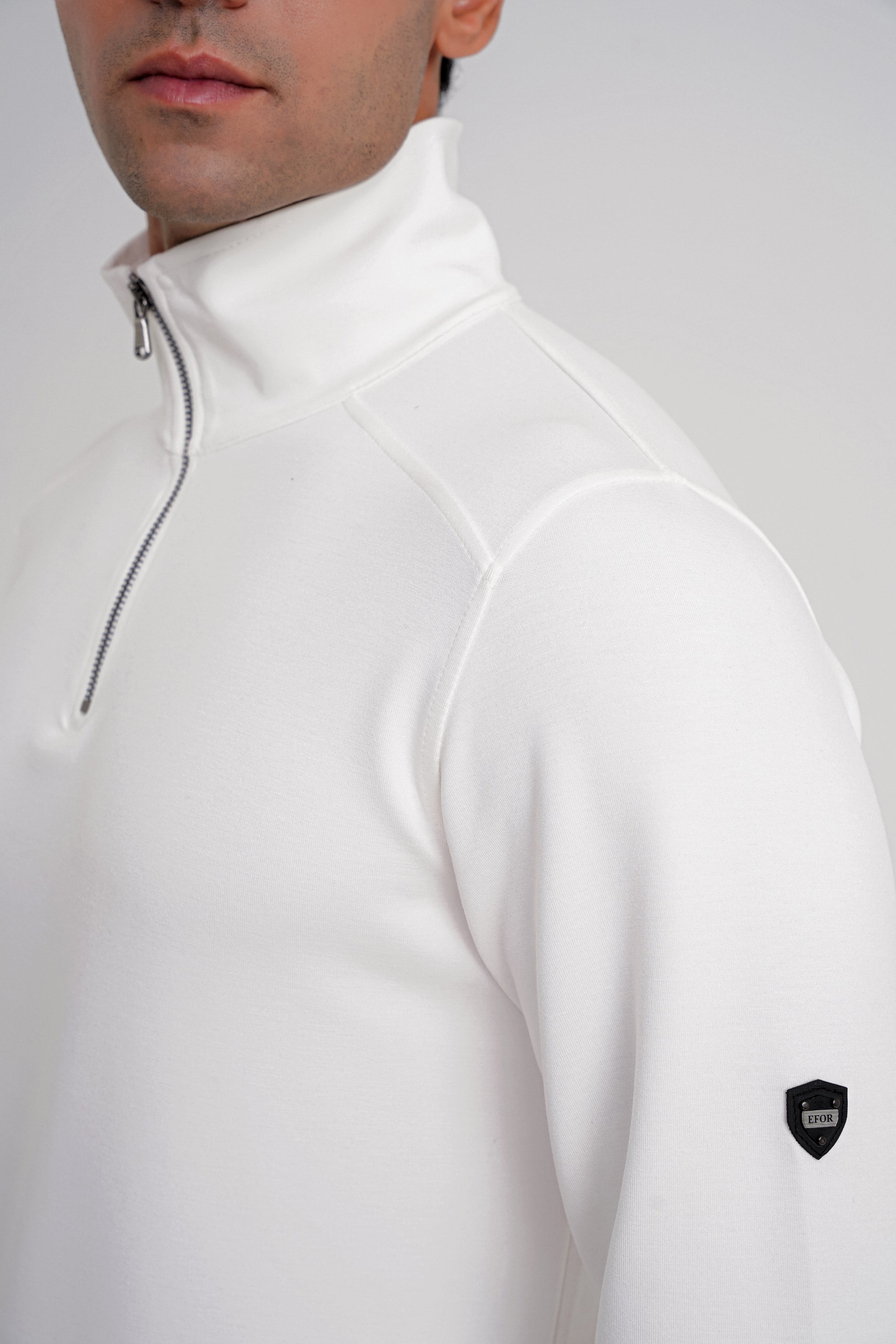 Comfort Fit %97 Pamuk Tam Fermuarlı Polo Yaka Ekru Tişört TS 918