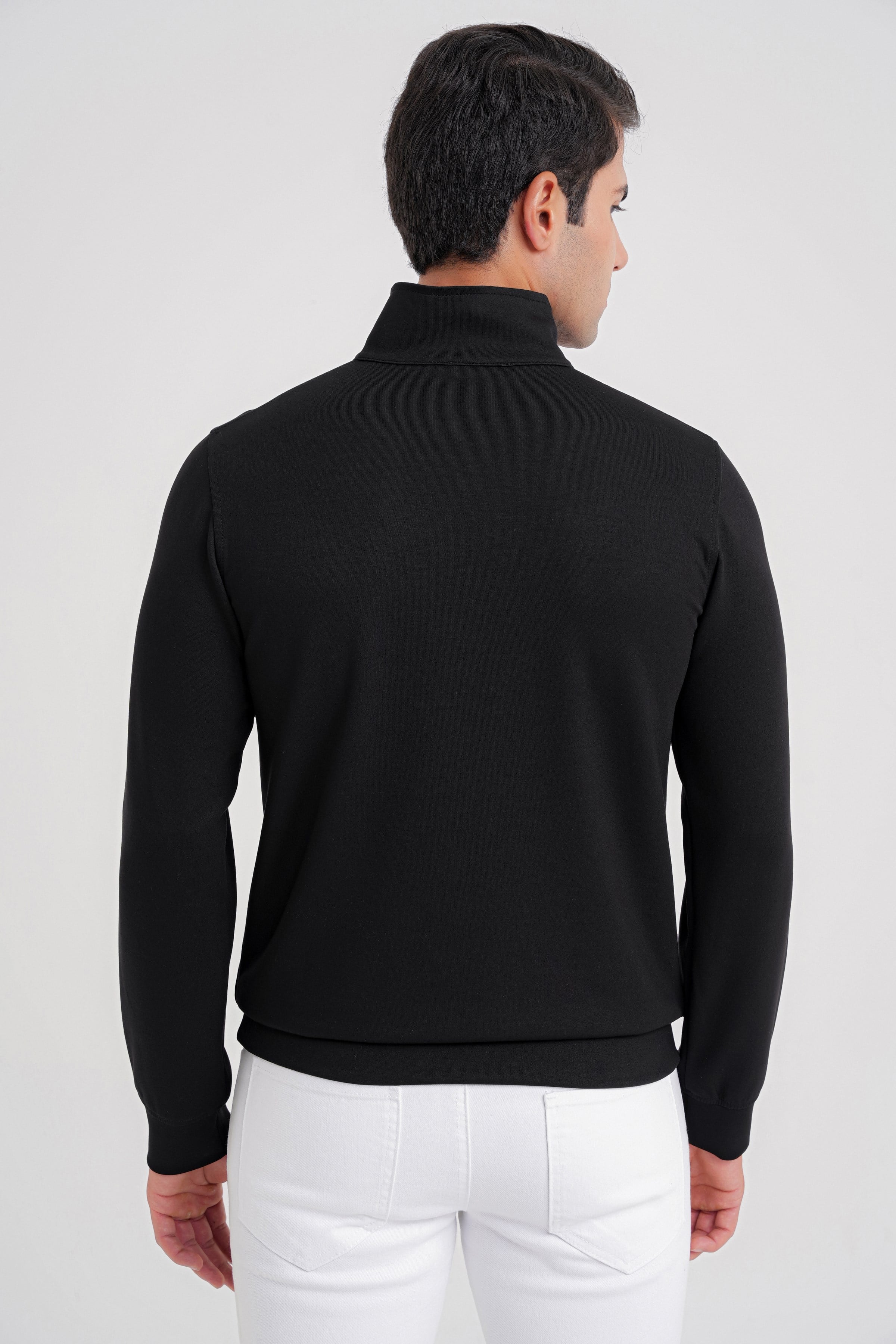 Comfort Fit %97 Pamuk Tam Fermuarlı Polo Yaka Siyah Tişört TS 918