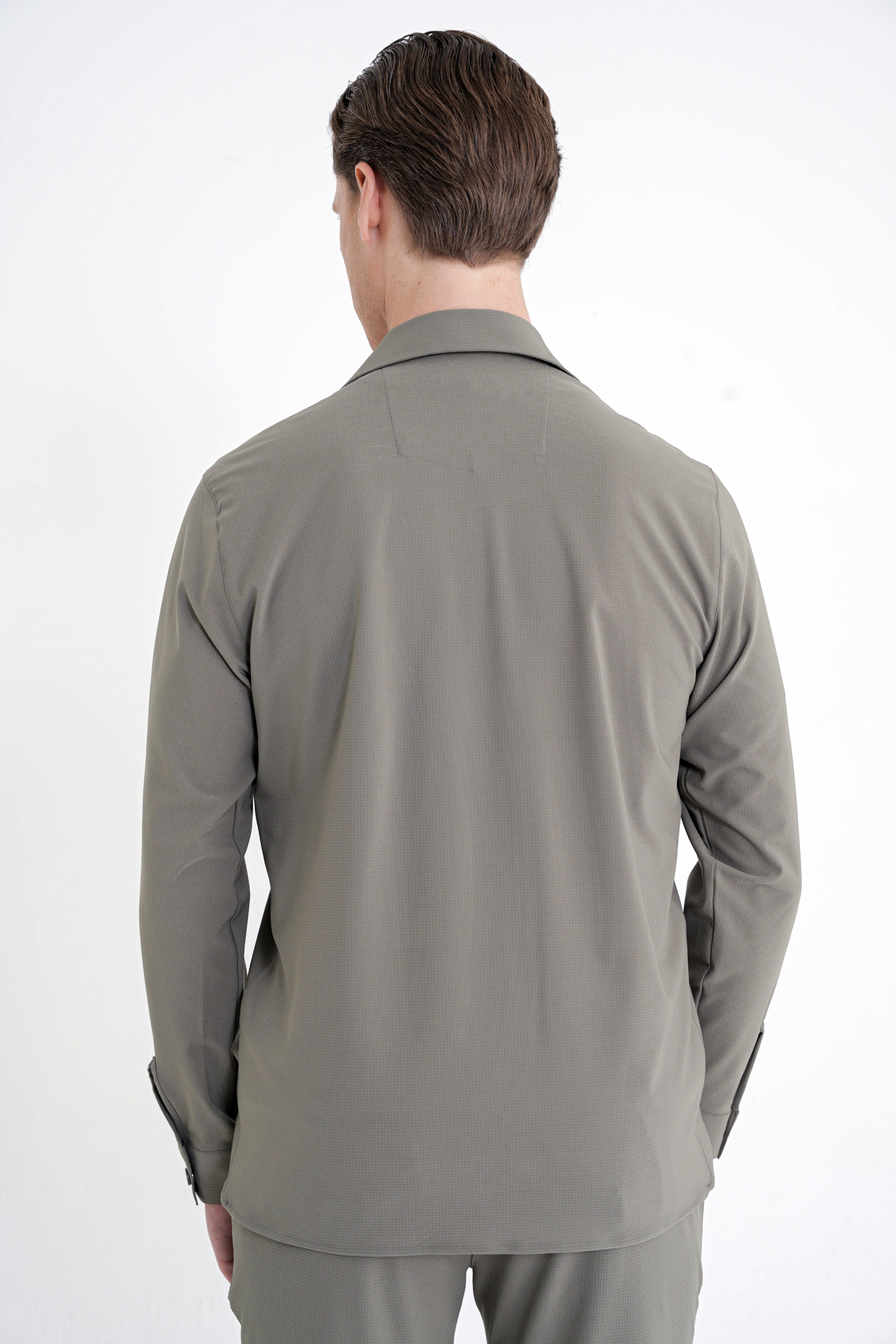 Comfort Fit Apaş Yaka  Doku Desenli %100 Pamuk Haki Gömlek Ceket G 1601
