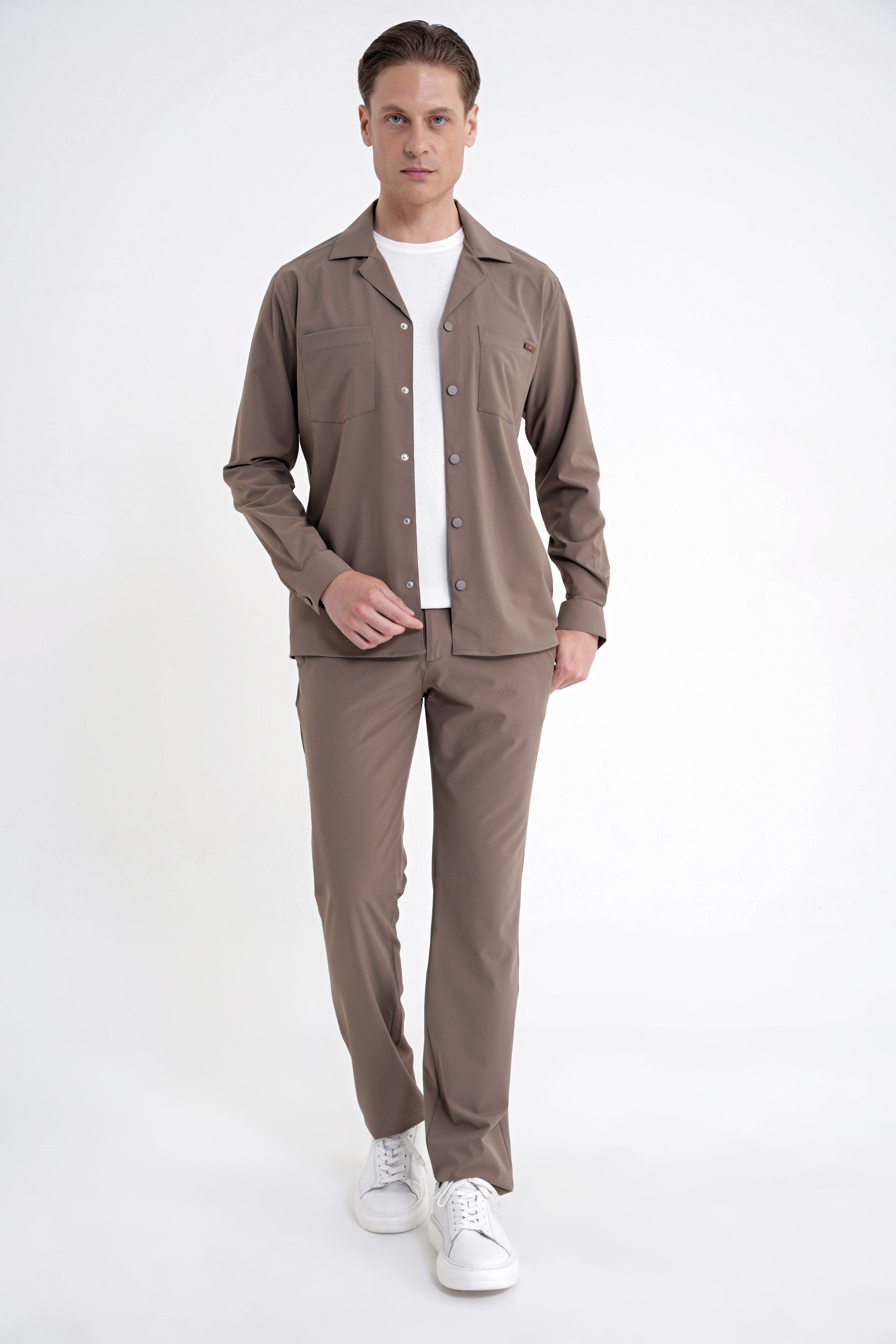 Comfort Fit Apaş Yaka  Doku Desenli %100 Pamuk Vizon Gömlek Ceket G 1601