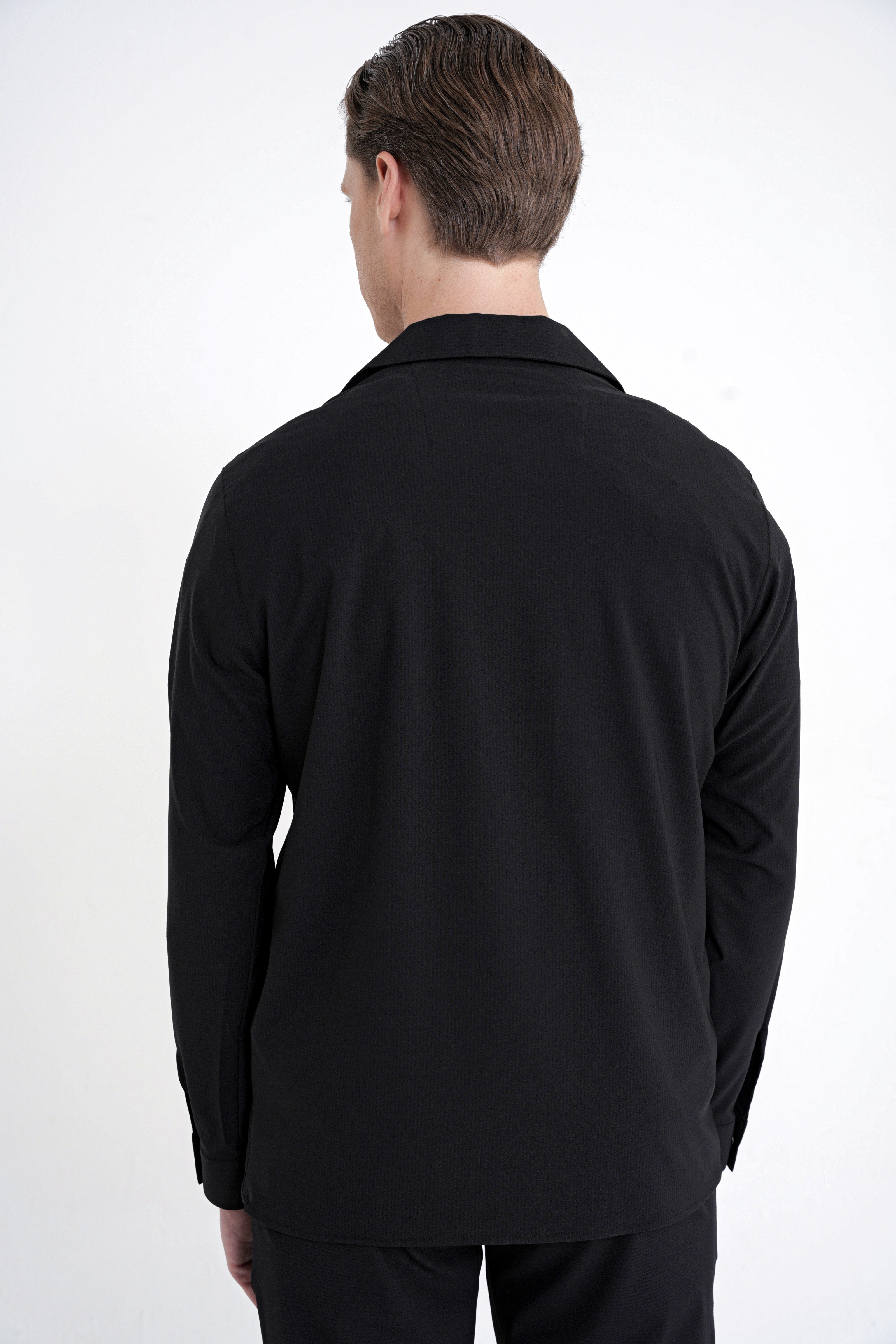Comfort Fit Apaş Yaka  Doku Desenli %100 Pamuk Siyah Gömlek Ceket G 1601