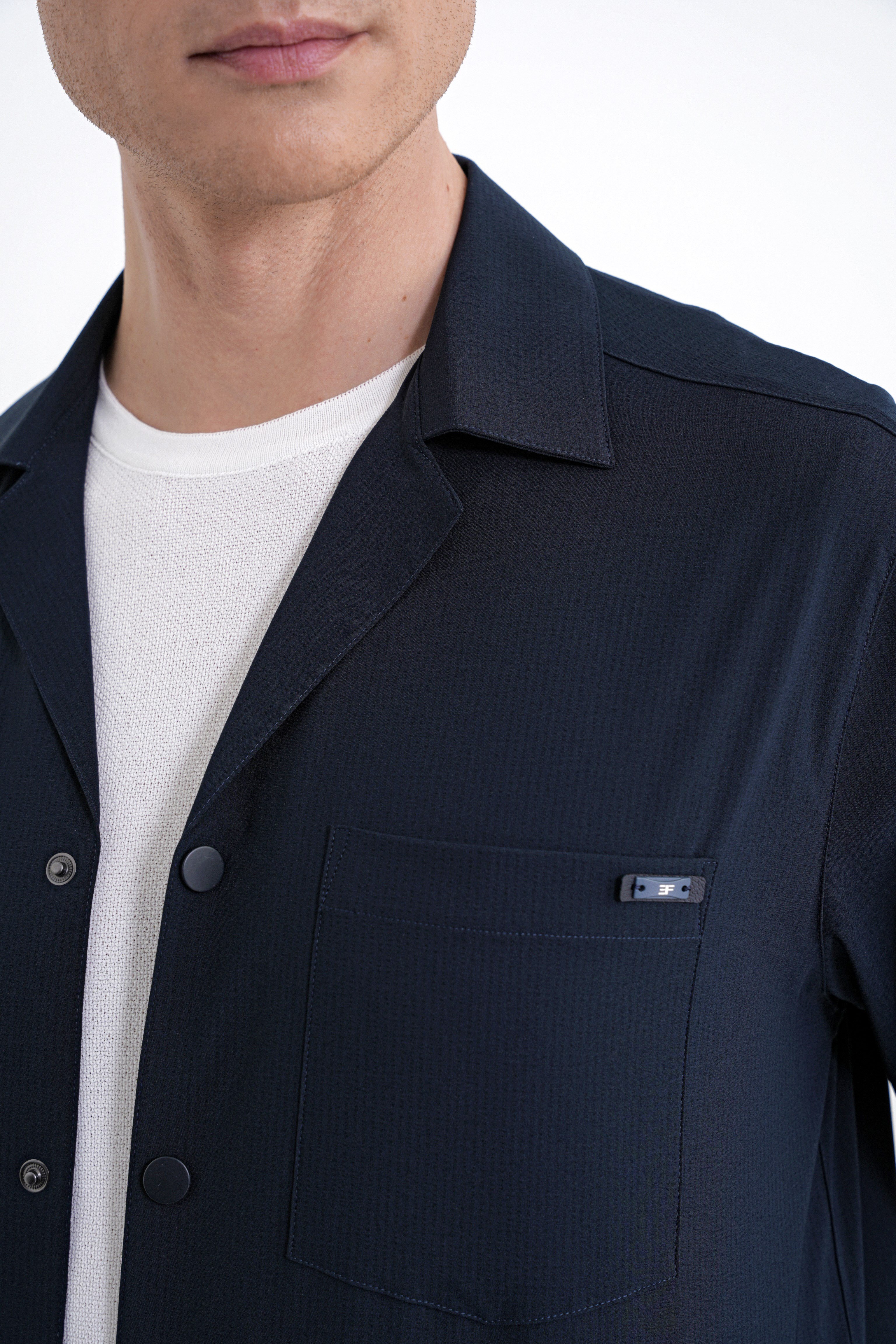 Comfort Fit Apaş Yaka  Doku Desenli %100 Pamuk Lacivert Gömlek Ceket G 1601