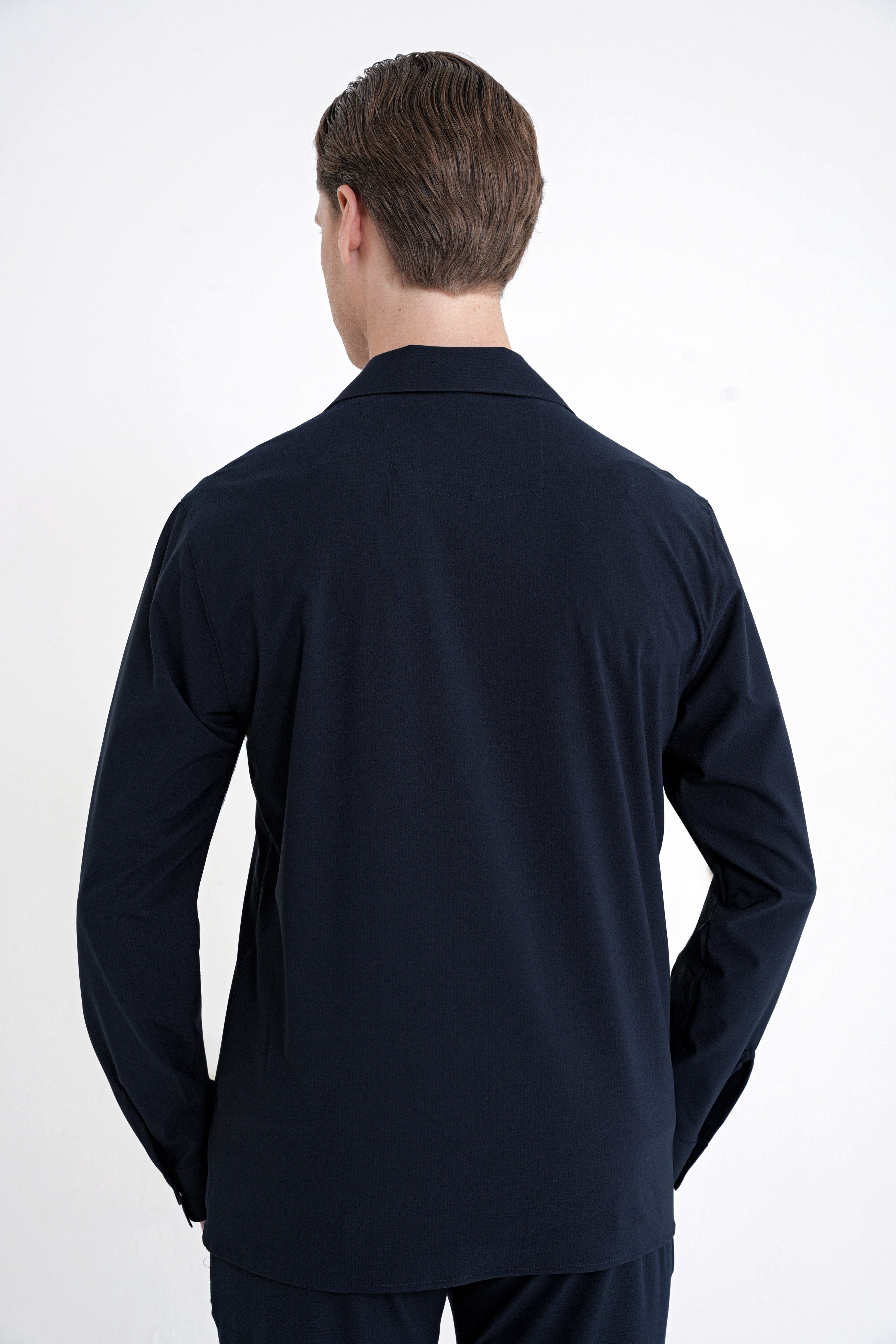 Comfort Fit Apaş Yaka  Doku Desenli %100 Pamuk Lacivert Gömlek Ceket G 1601