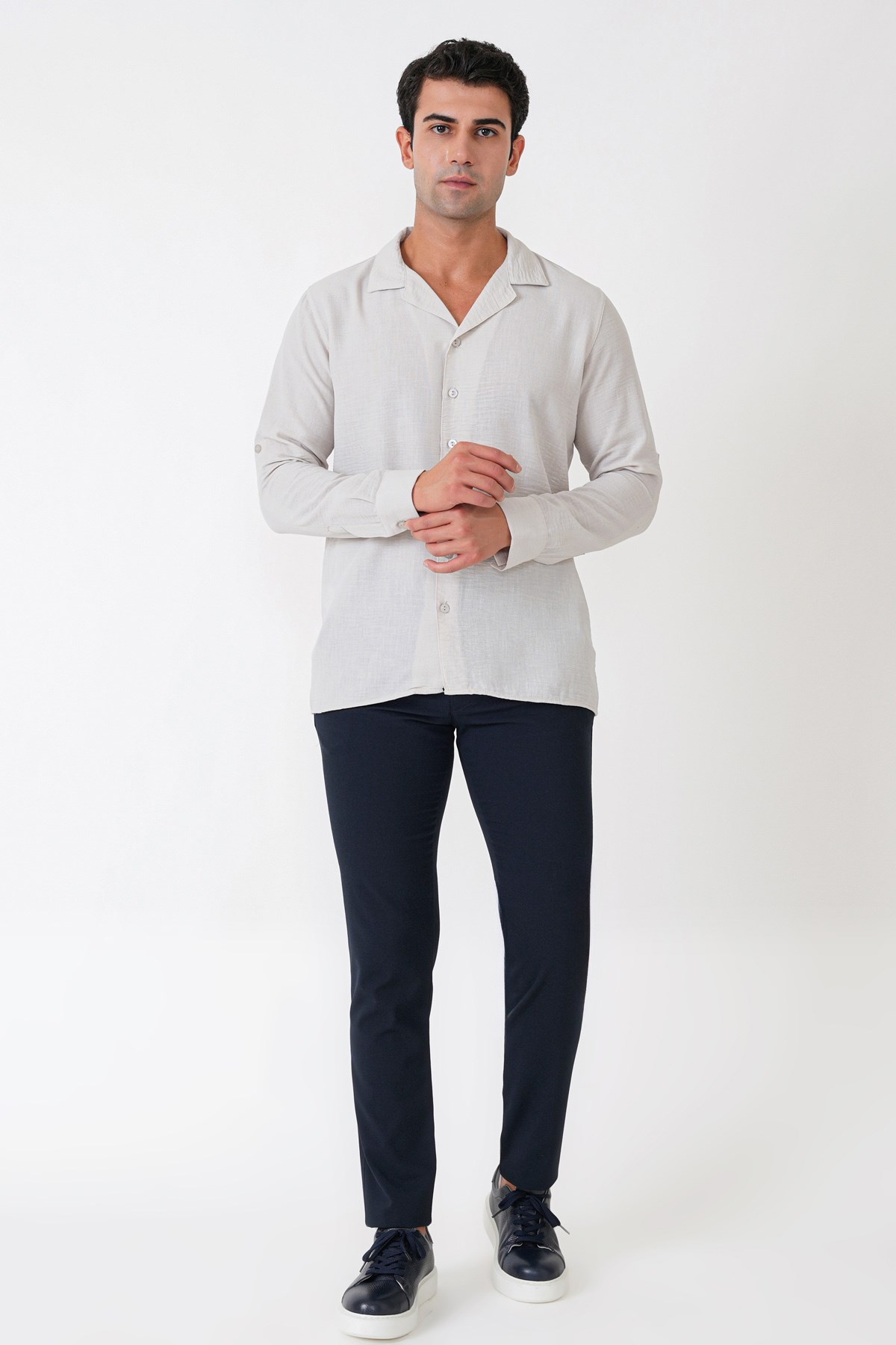 Comfort Fit Apaş Yaka Katlanabilir Kollu Taş Keten Gömlek G 1613