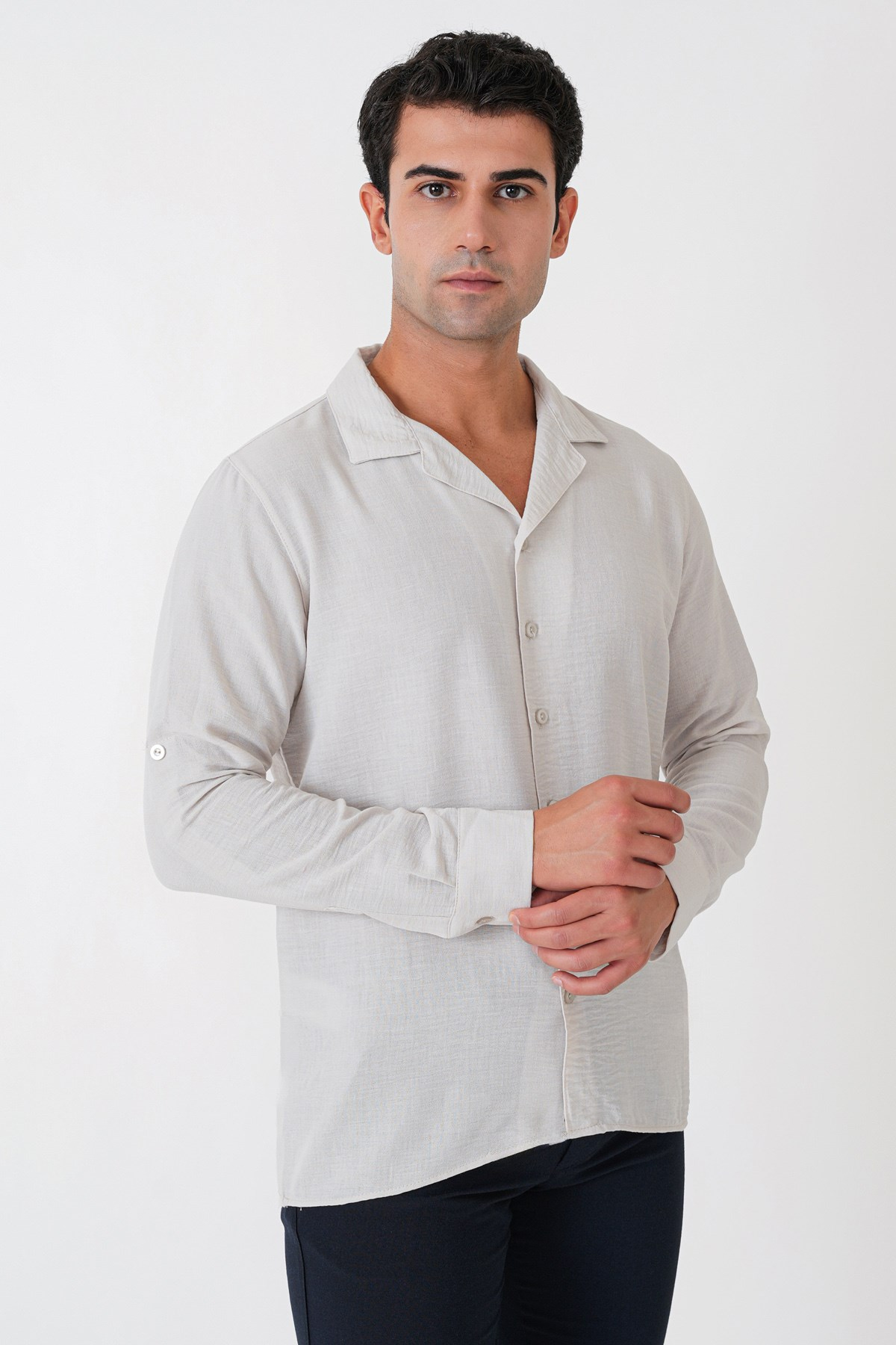 Comfort Fit Apaş Yaka Katlanabilir Kollu Taş Keten Gömlek G 1613
