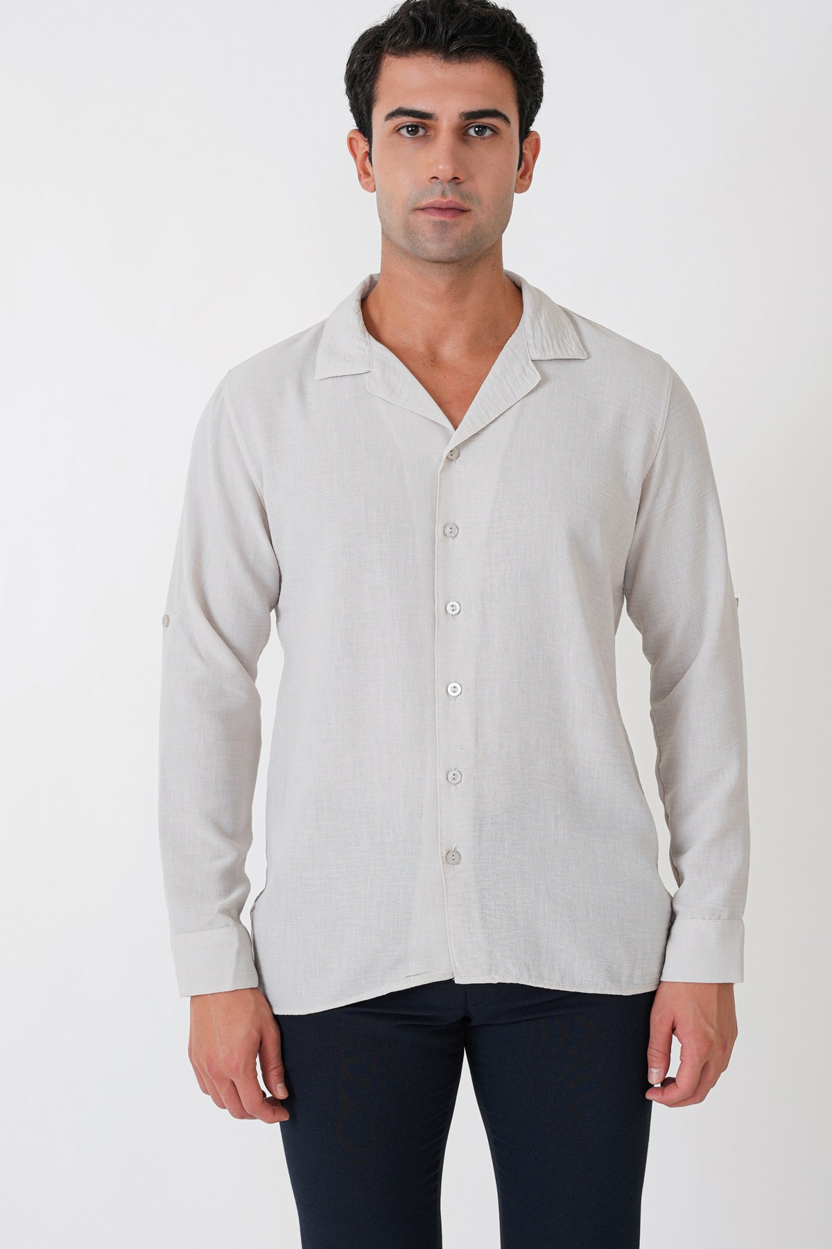 Comfort Fit Apaş Yaka Katlanabilir Kollu Taş Keten Gömlek G 1613