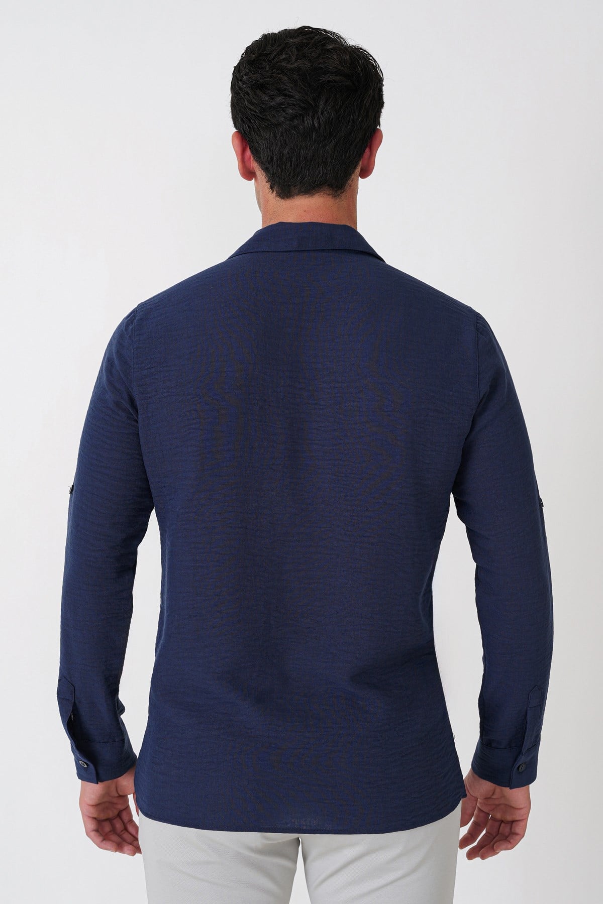Comfort Fit Apaş Yaka Katlanabilir Kollu Lacivert Keten Gömlek G 1613