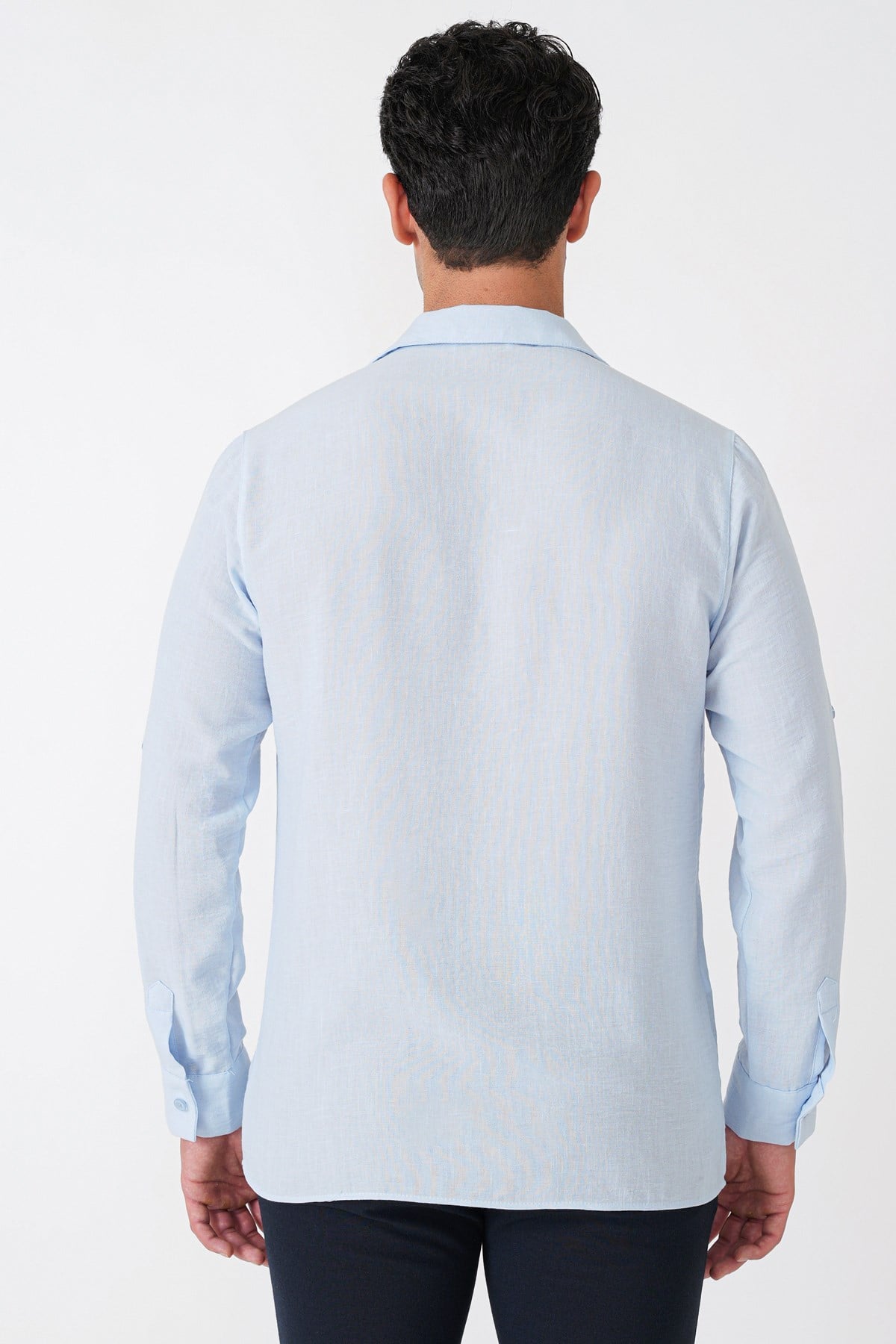 Comfort Fit Apaş Yaka Katlanabilir Kollu Mavi Keten Gömlek G 1613