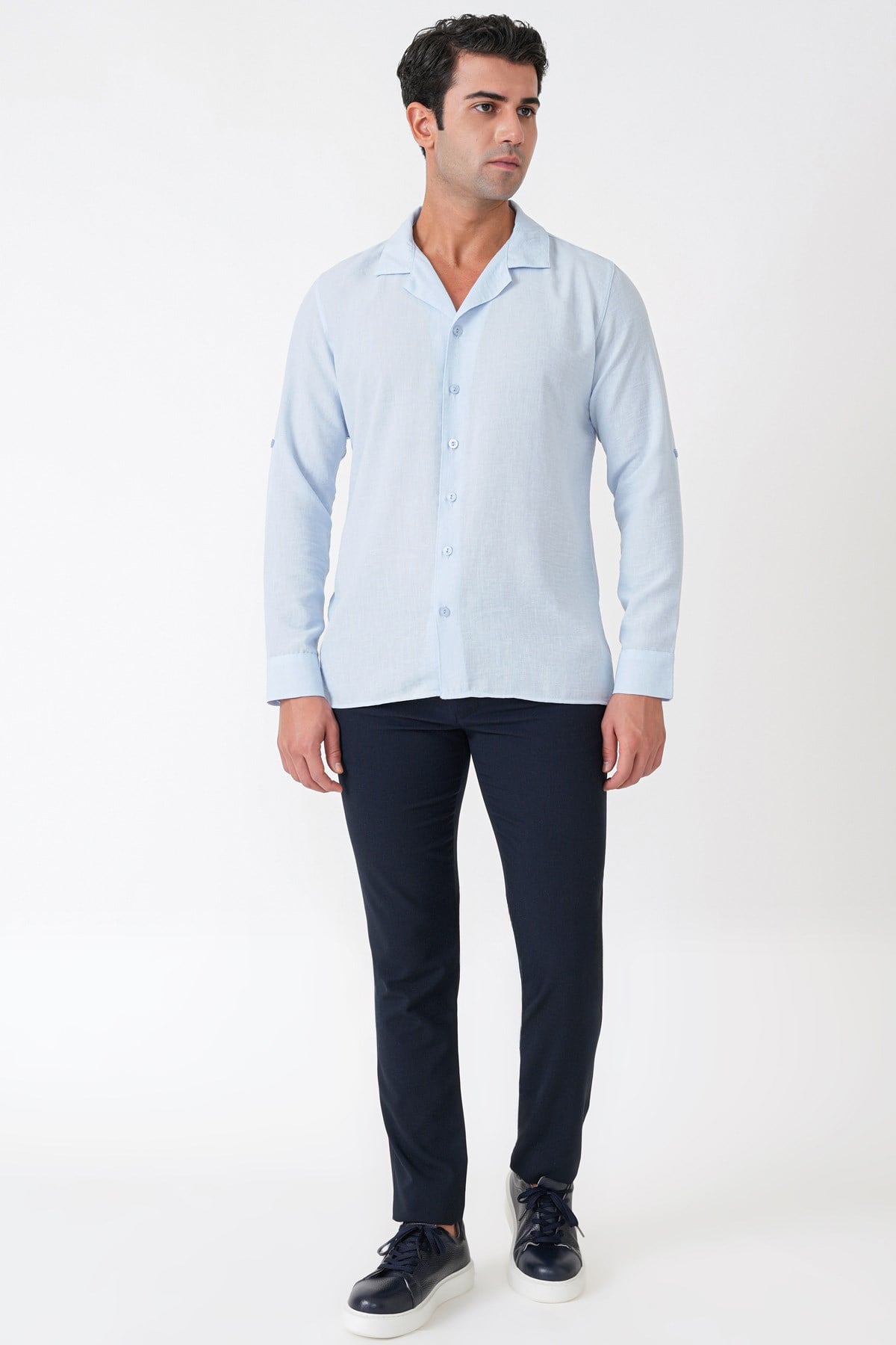 Comfort Fit Apaş Yaka Katlanabilir Kollu Mavi Keten Gömlek G 1613
