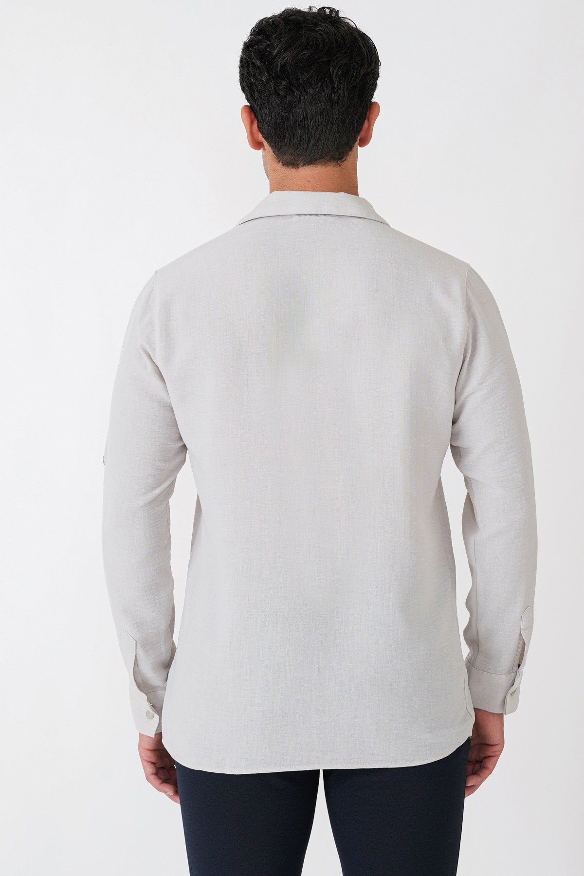 Comfort Fit Apaş Yaka Katlanabilir Kollu Taş Keten Gömlek G 1613