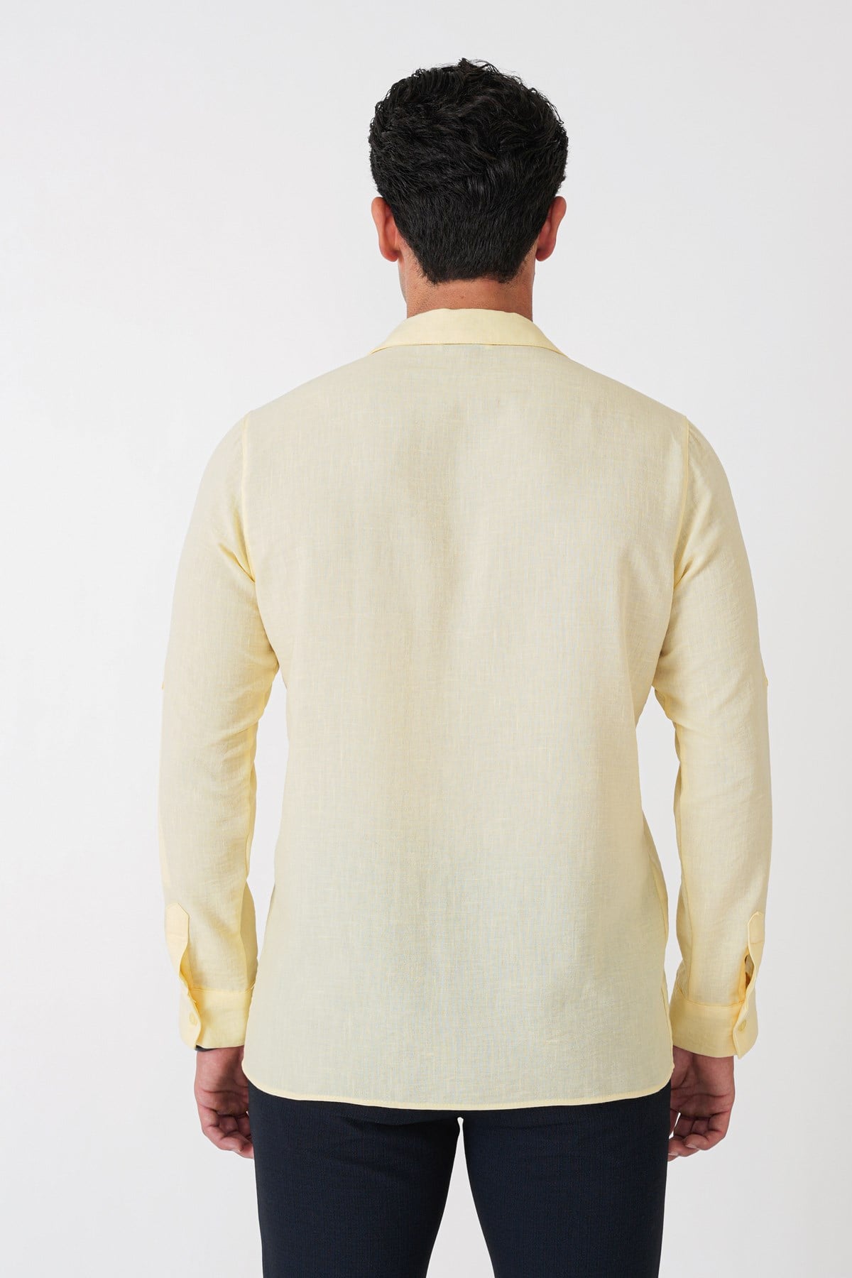 Comfort Fit Apaş Yaka Katlanabilir Kollu Sarı Keten Gömlek G 1613