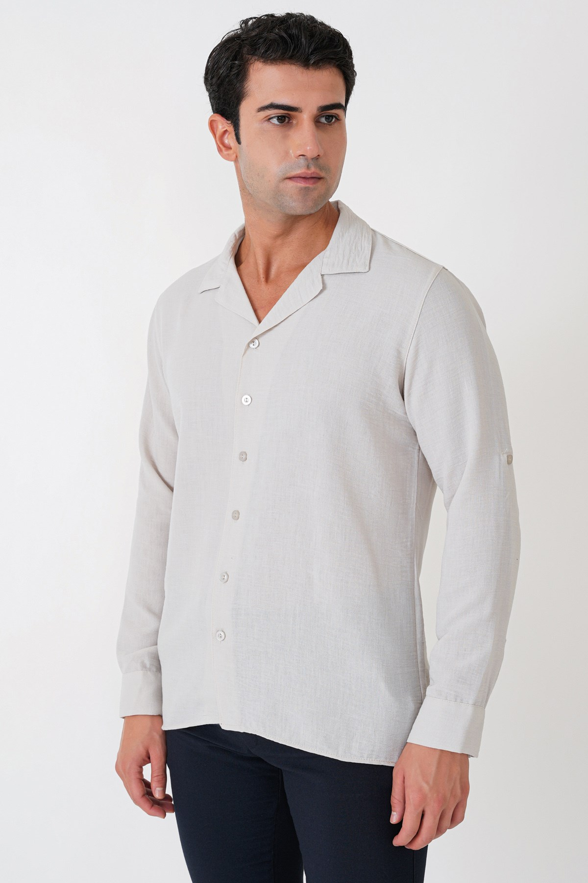 Comfort Fit Apaş Yaka Katlanabilir Kollu Taş Keten Gömlek G 1613