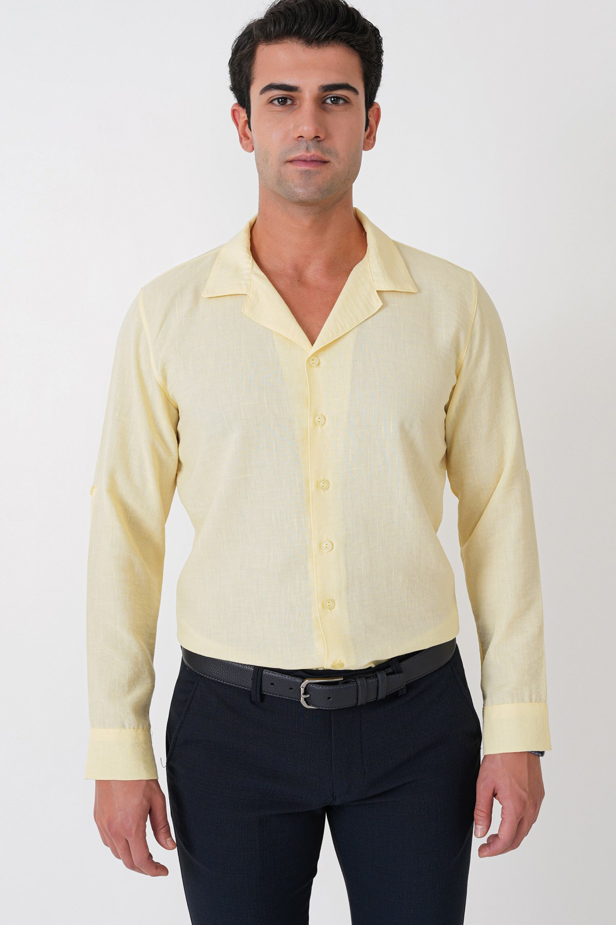 Comfort Fit Apaş Yaka Katlanabilir Kollu Sarı Keten Gömlek G 1613