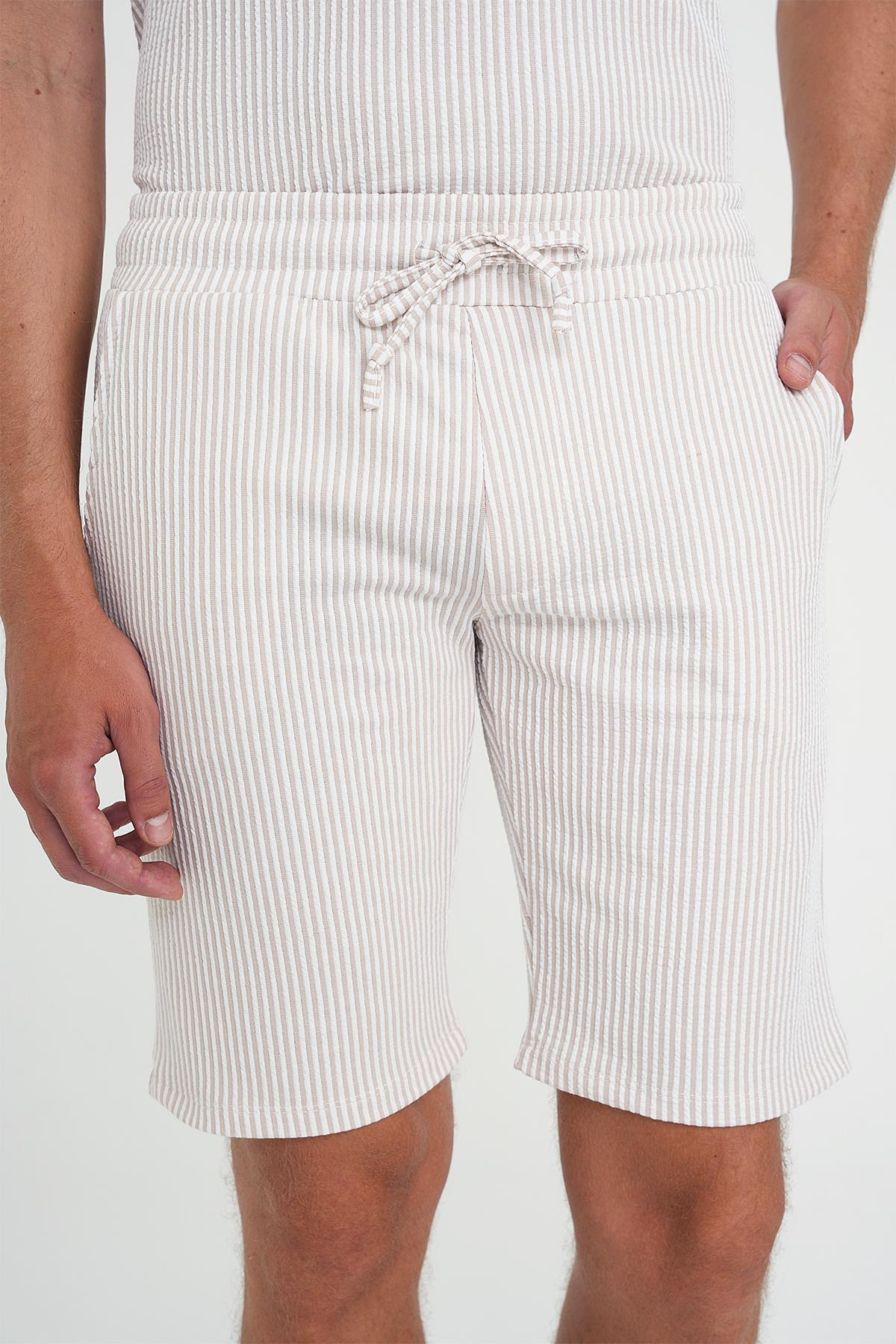 Comfort Fit Bağcıklı Bel Çizgili Pamuk Casual Bej Şort Bermuda 038 