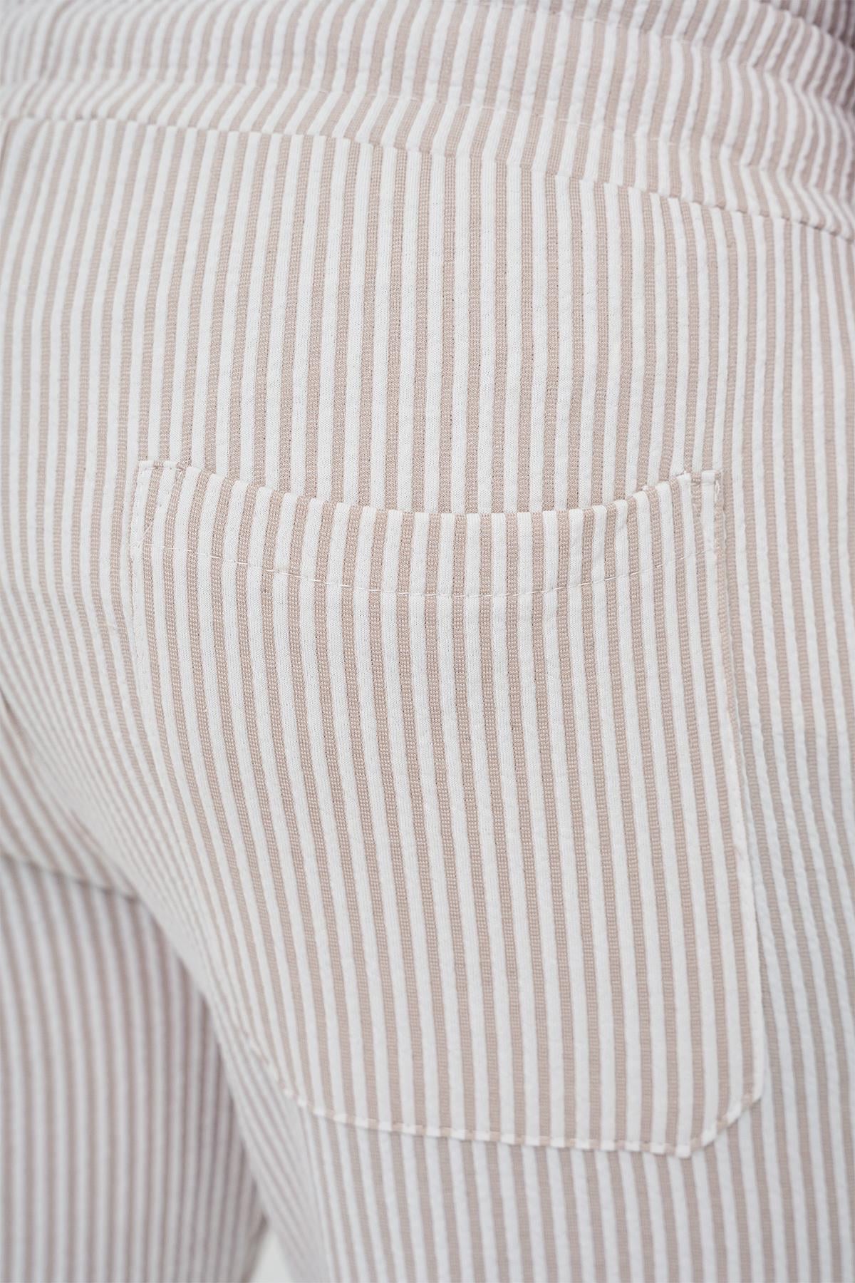 Comfort Fit Bağcıklı Bel Çizgili Pamuk Casual Bej Şort Bermuda 038 
